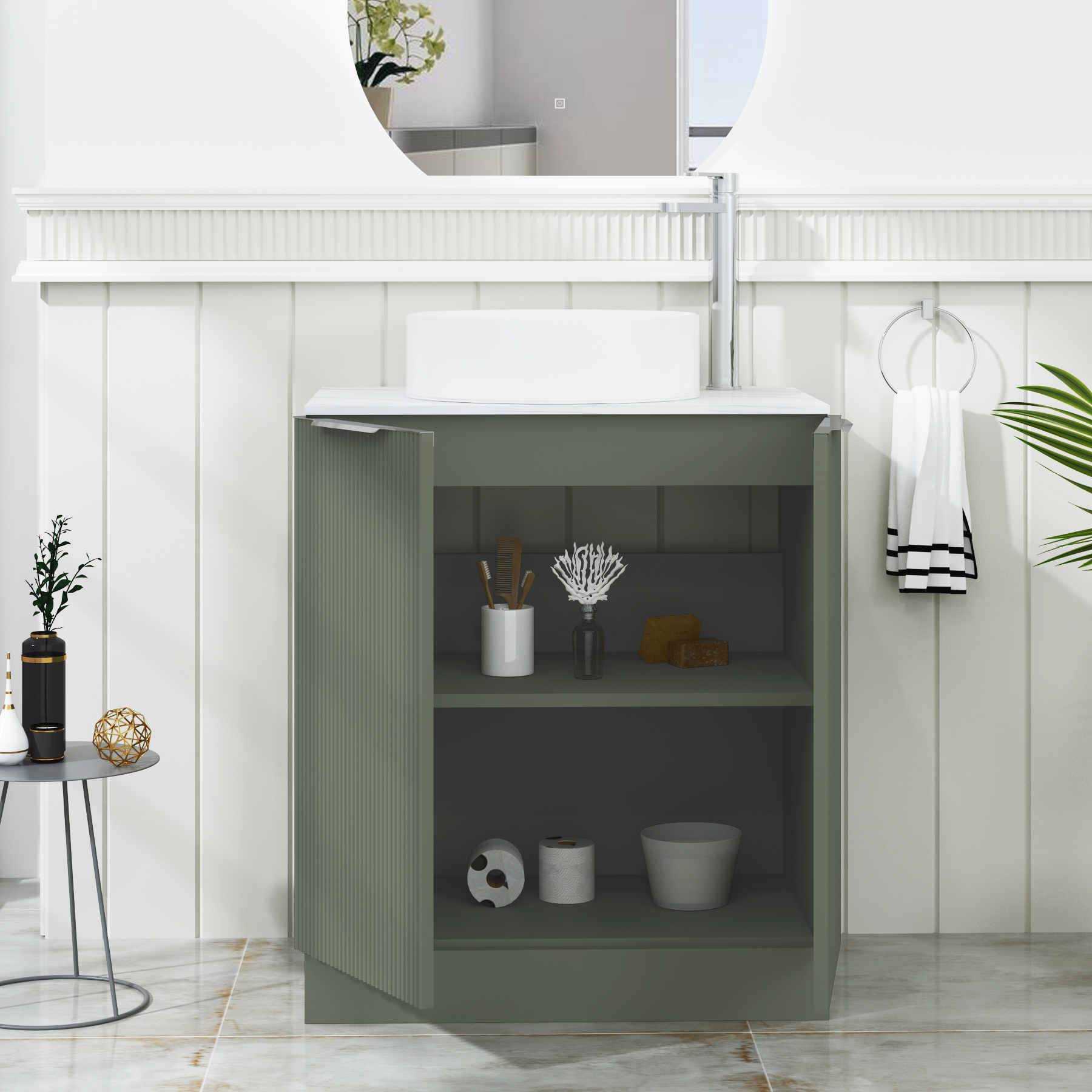 Evora 700mm Sage Green Fluted Floor Standing Countertop Vanity Unit 2 Door with Art Basin