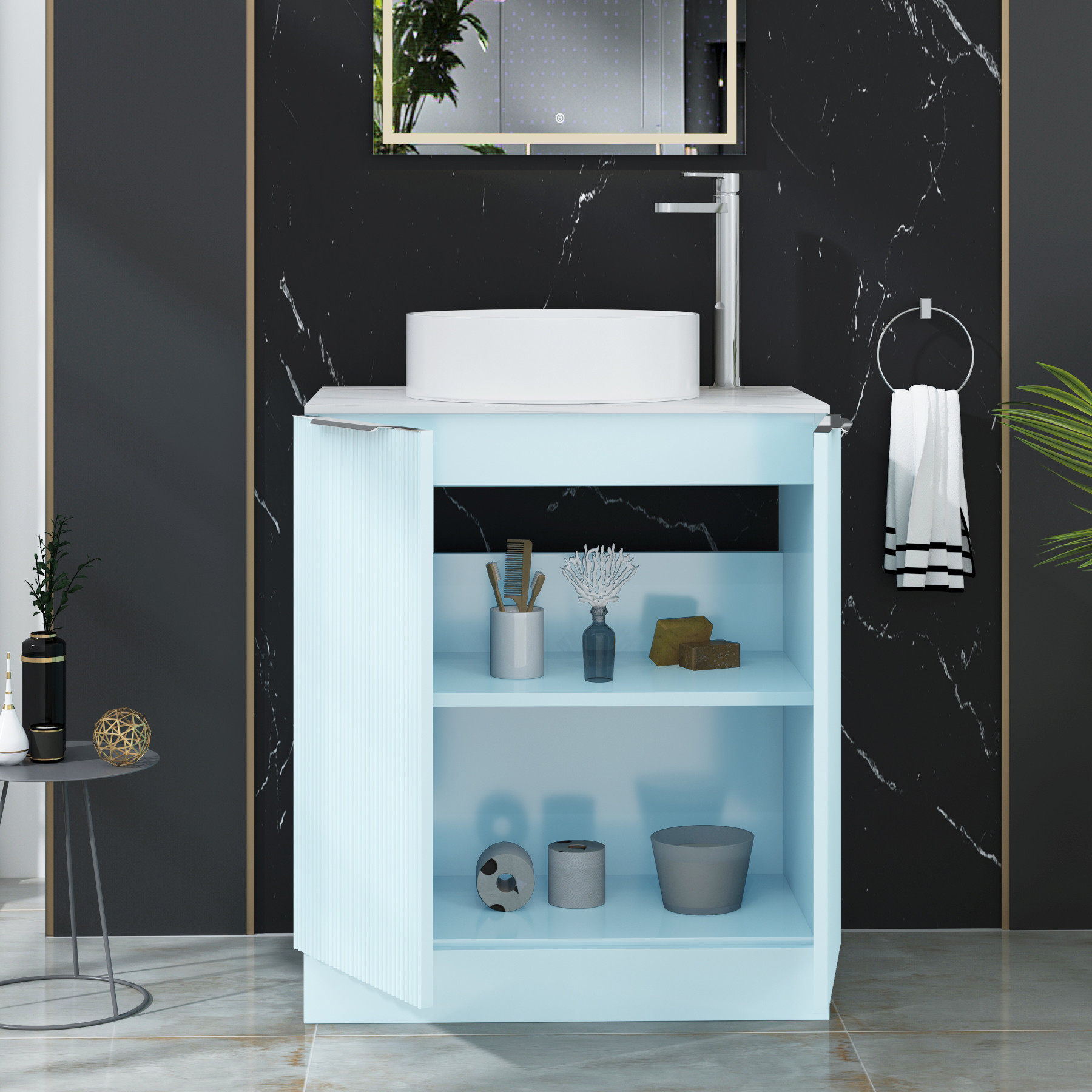 Evora 700mm Powder Blue Fluted Floor Standing Countertop Vanity Unit 2 Door with Art Basin