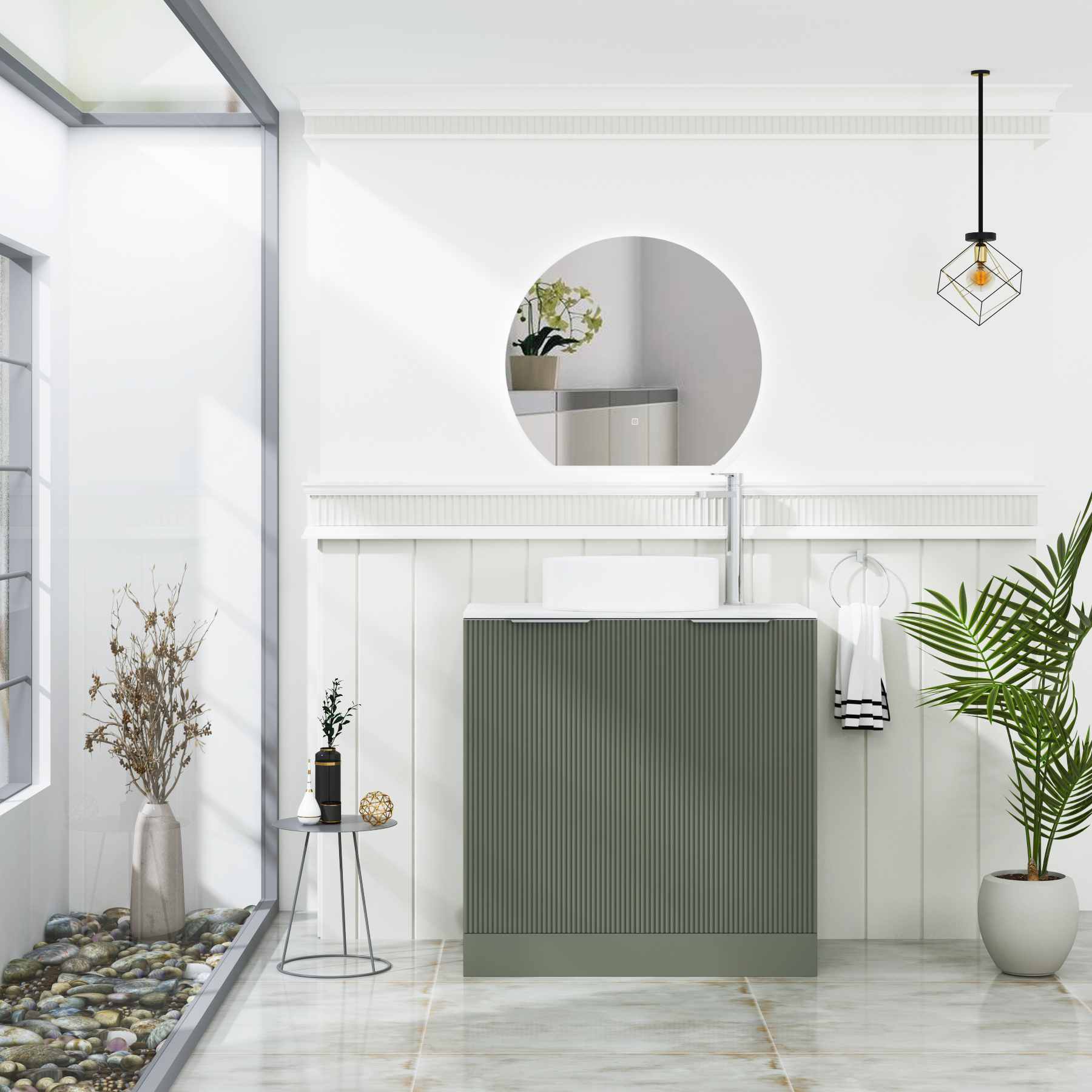 Evora Fluted 2 Door Sage Green Floor Standing Vanity Unit with Carrara White Top & Countertop Basin