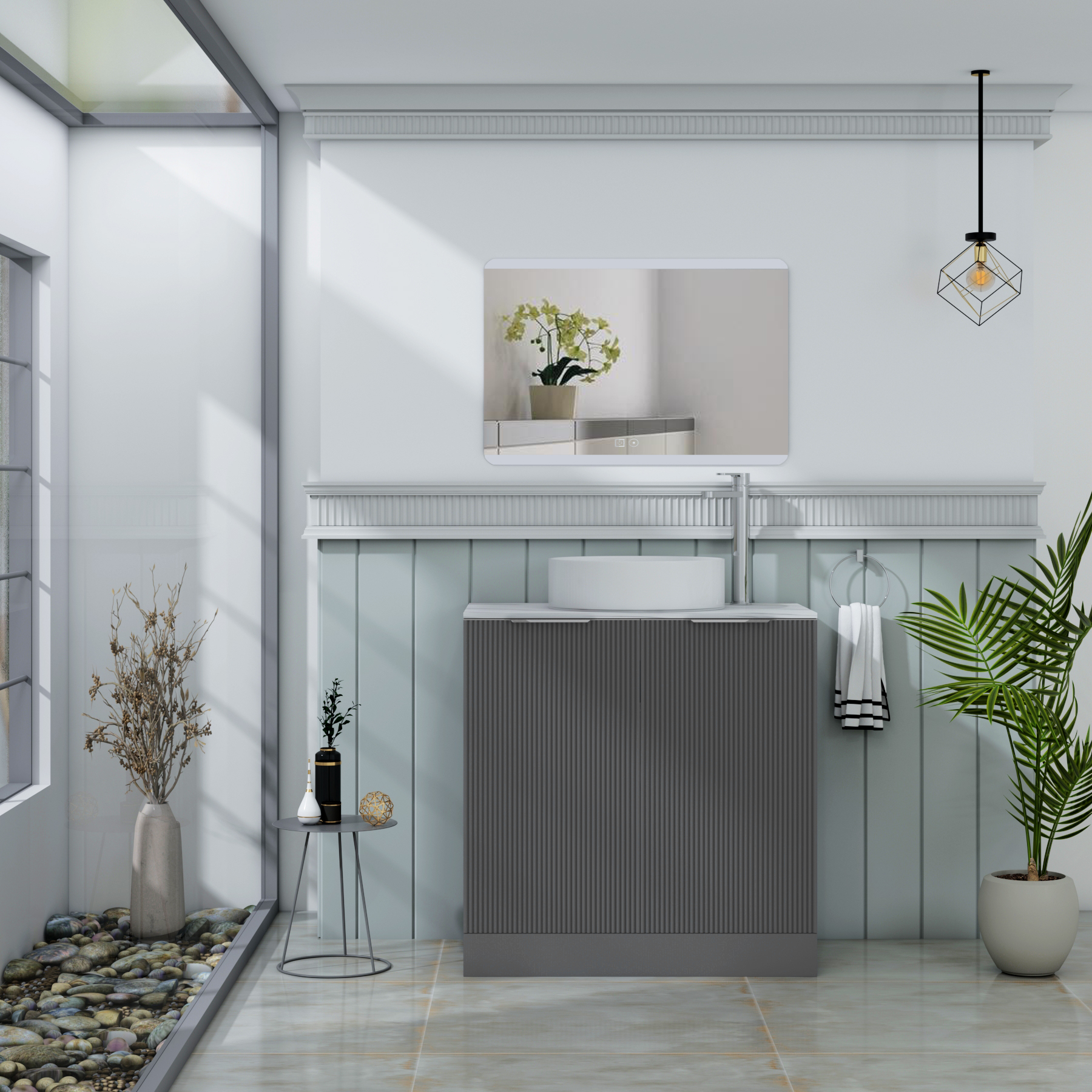 Evora Fluted 2 Door Graphite Grey Floor Standing Vanity Unit with Carrara White Top & Countertop Basin