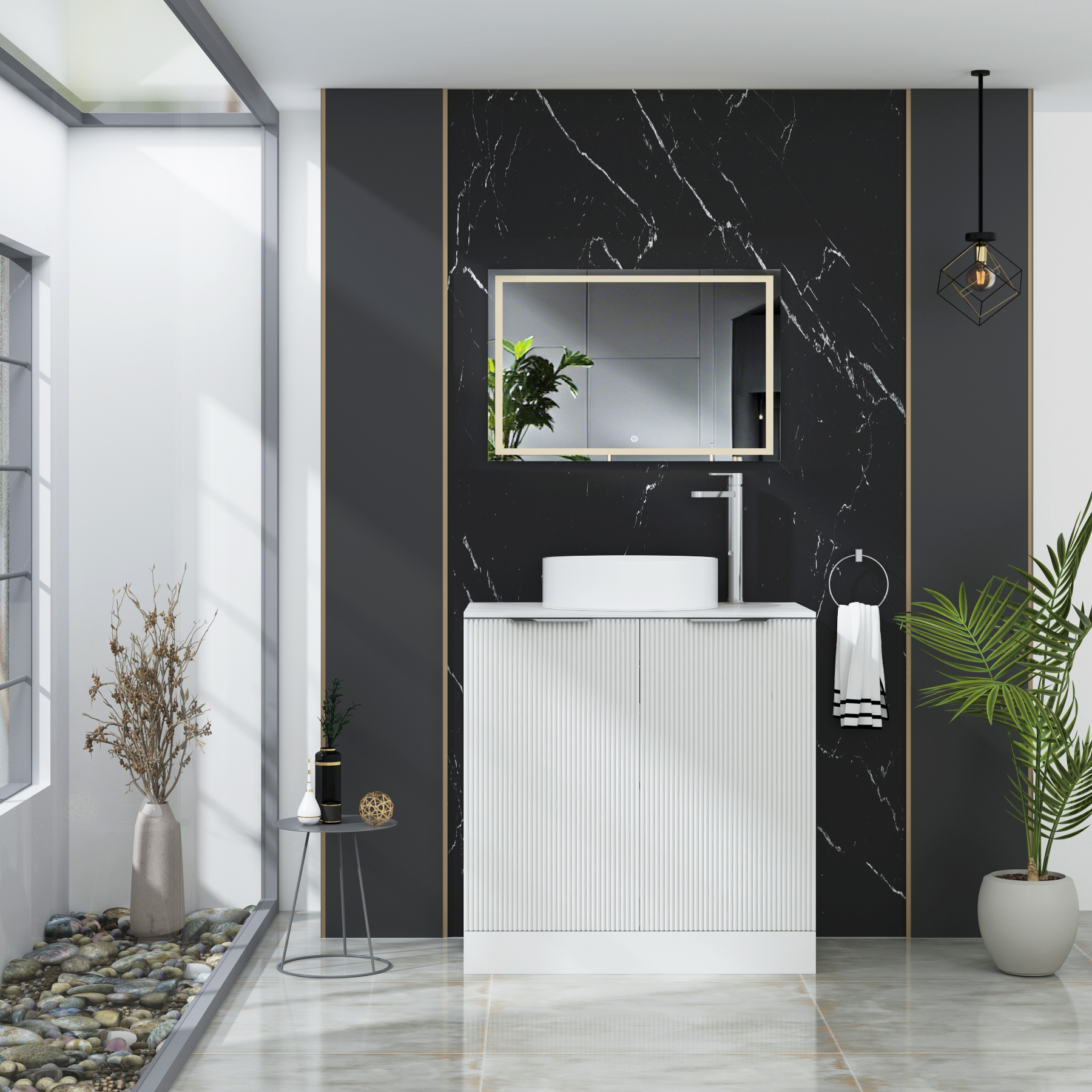 Evora Fluted 2 Door Matt White Floor Standing Vanity Unit with Carrara White Top & Countertop Basin