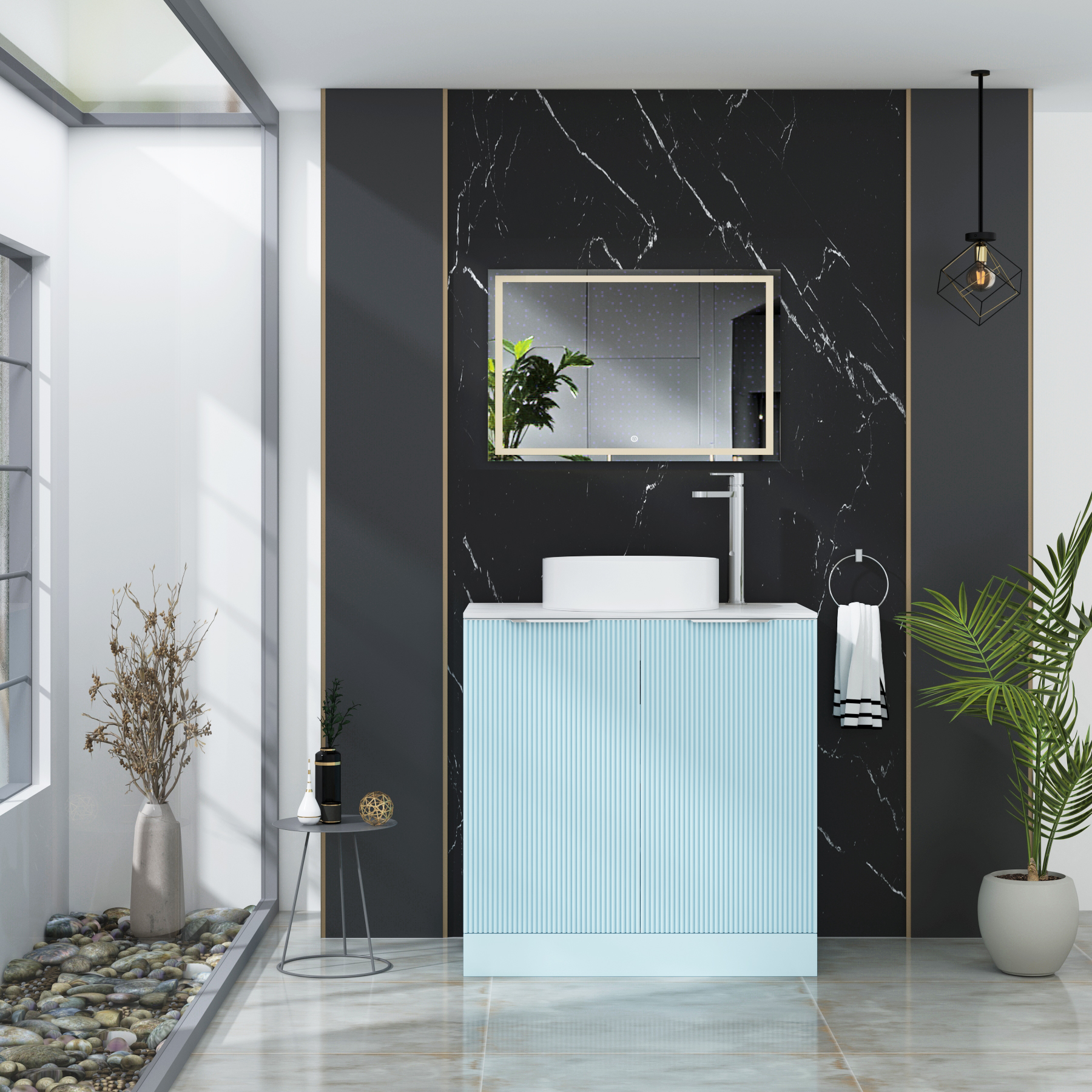 Evora Fluted 2 Door Powder Blue Floor Standing Vanity Unit with Carrara White Top & Countertop Basin