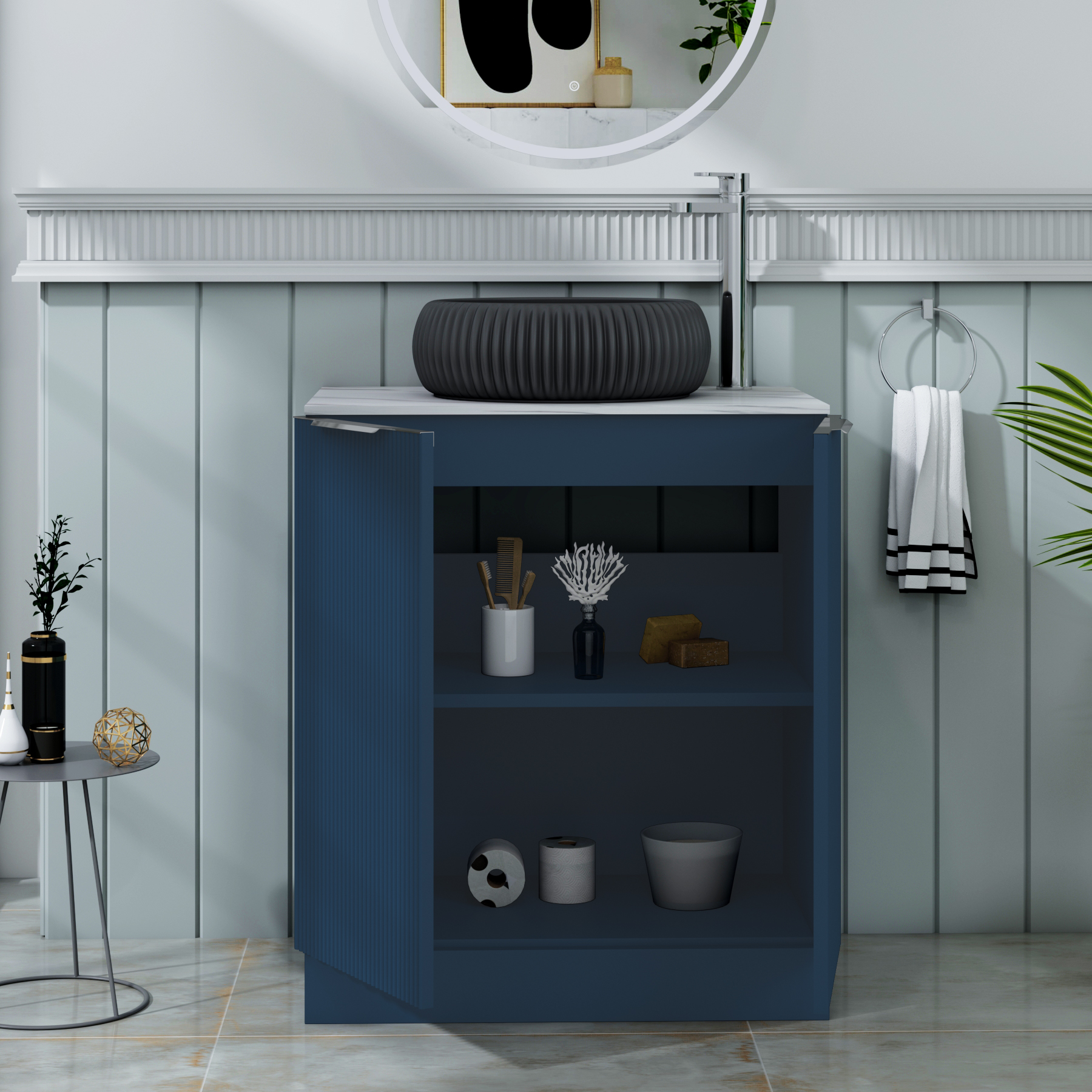 Evora 700mm Midnight Blue Fluted Floor Standing Countertop Vanity Unit 2 Door with Milan Black Basin