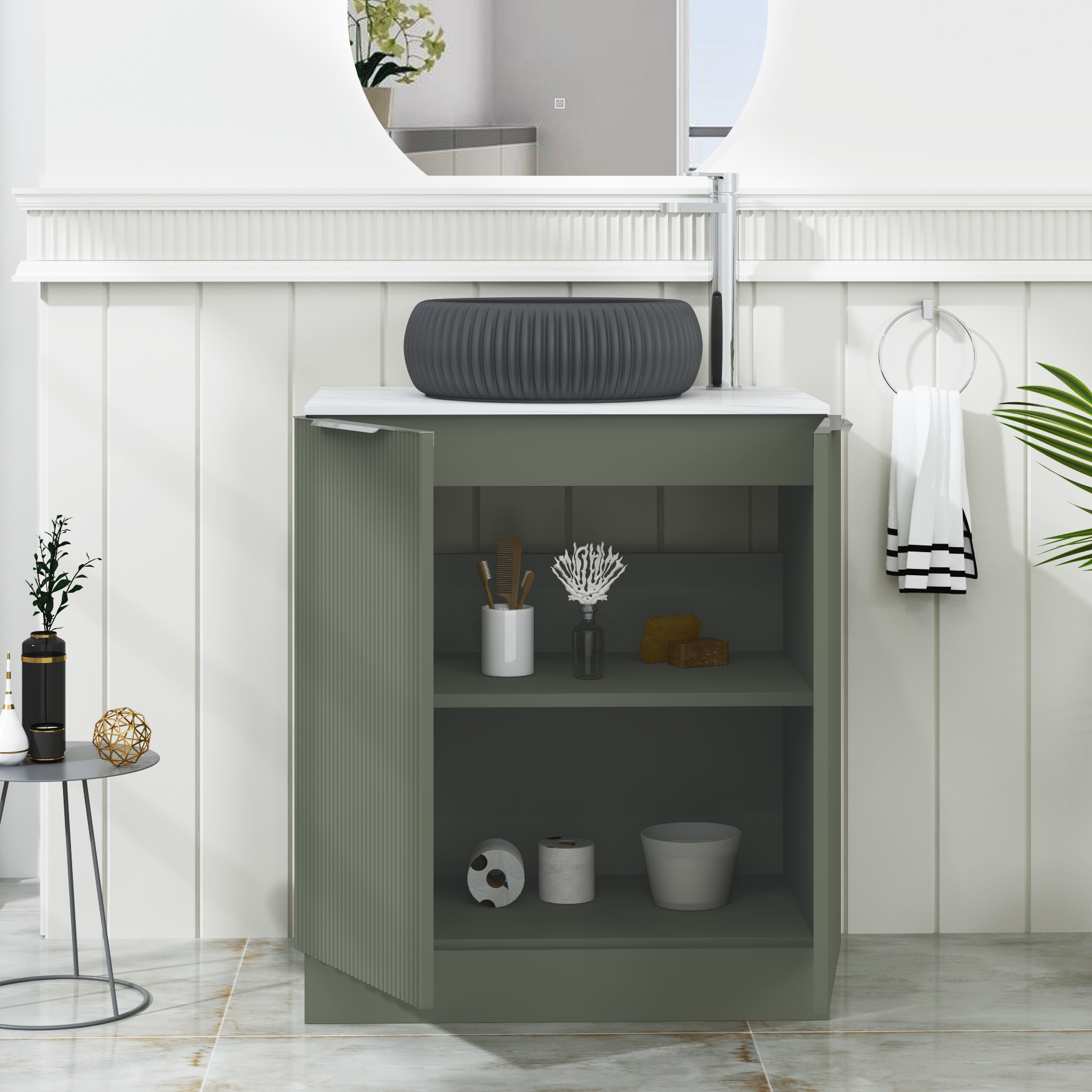 Evora 700mm Sage Green Fluted Floor Standing Countertop Vanity Unit 2 Door with Milan Black Basin