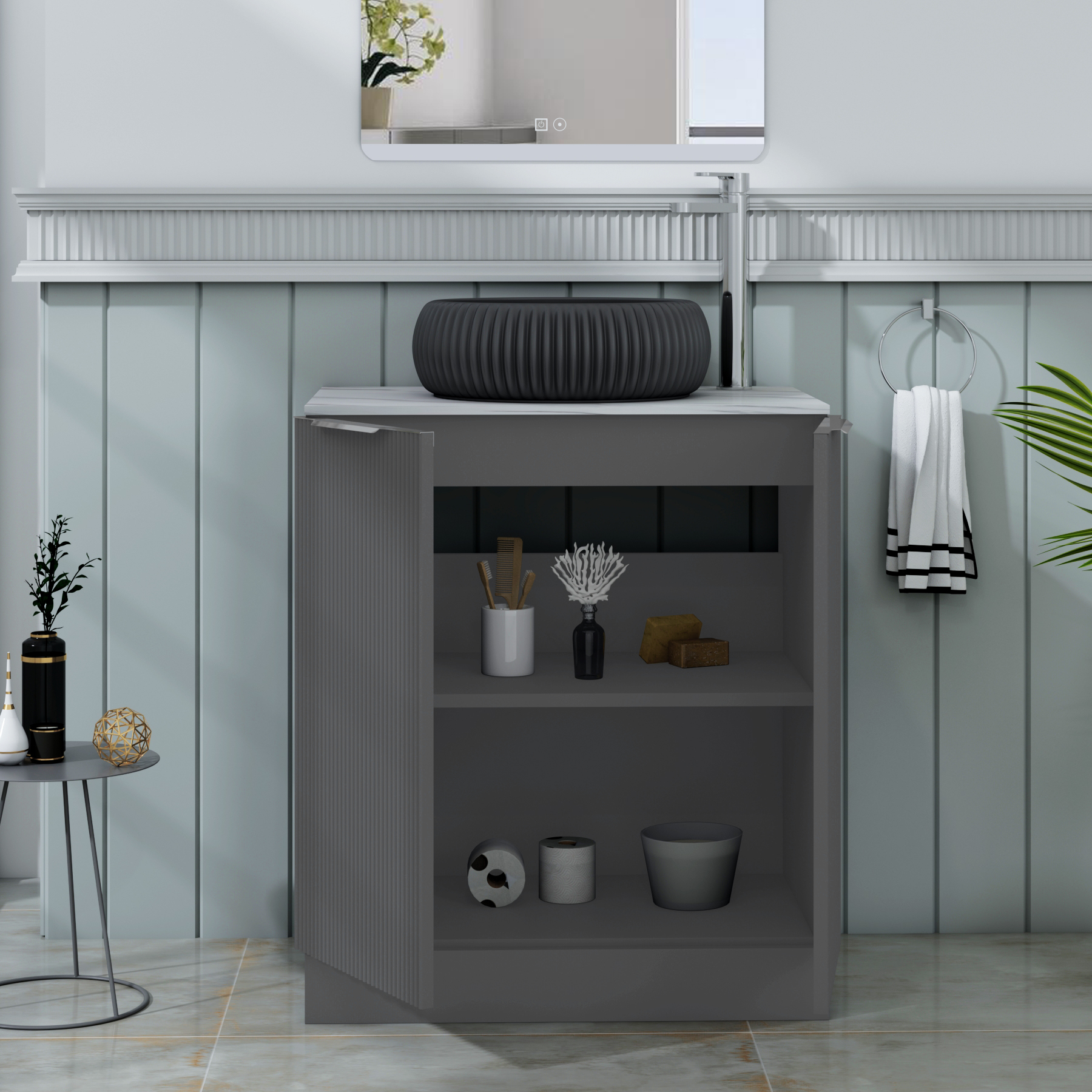 Evora 700mm Graphite Grey Fluted Floor Standing Countertop Vanity Unit 2 Door with Milan Black Basin