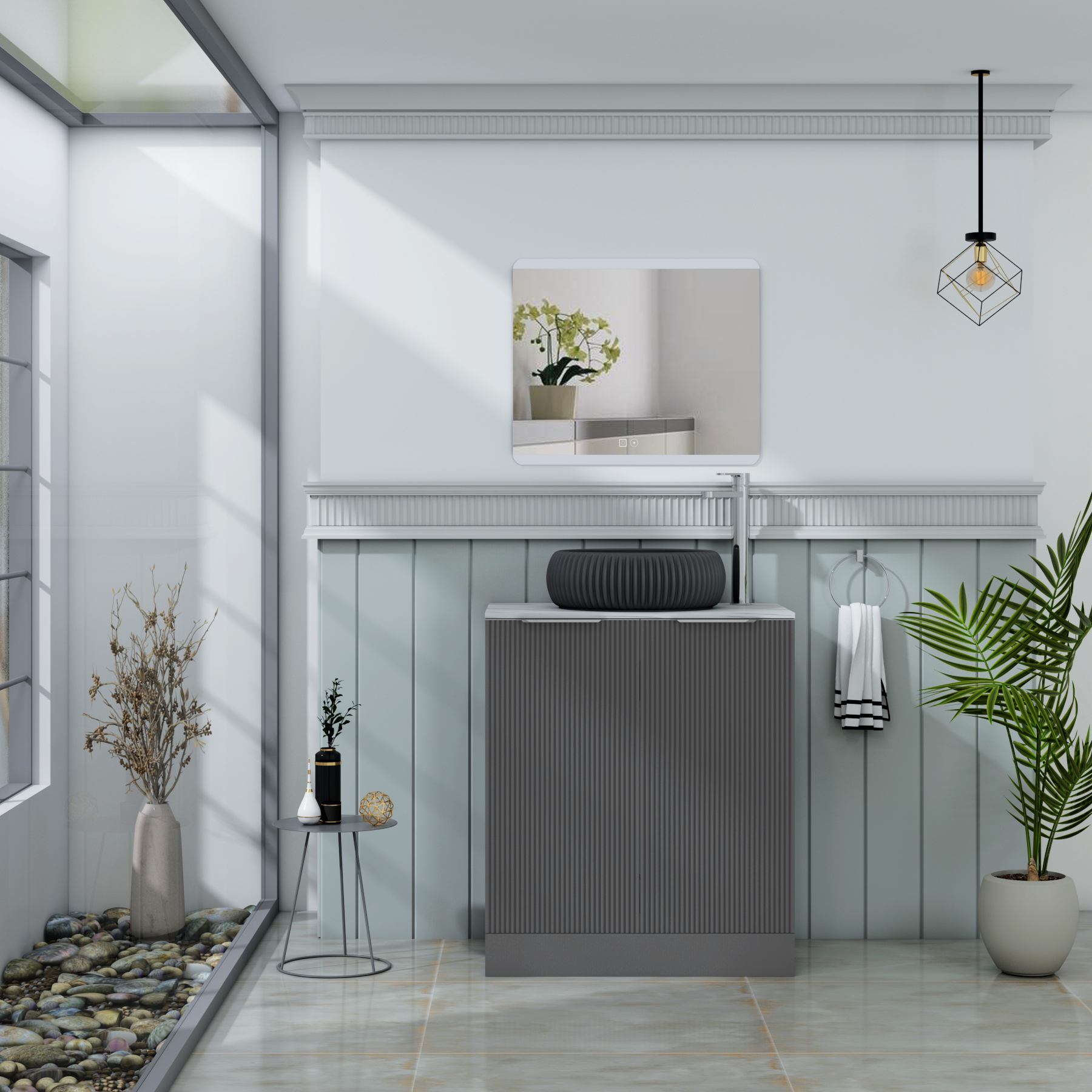 Evora 700mm Graphite Grey Fluted Floor Standing Countertop Vanity Unit 2 Door with Milan Black Basin
