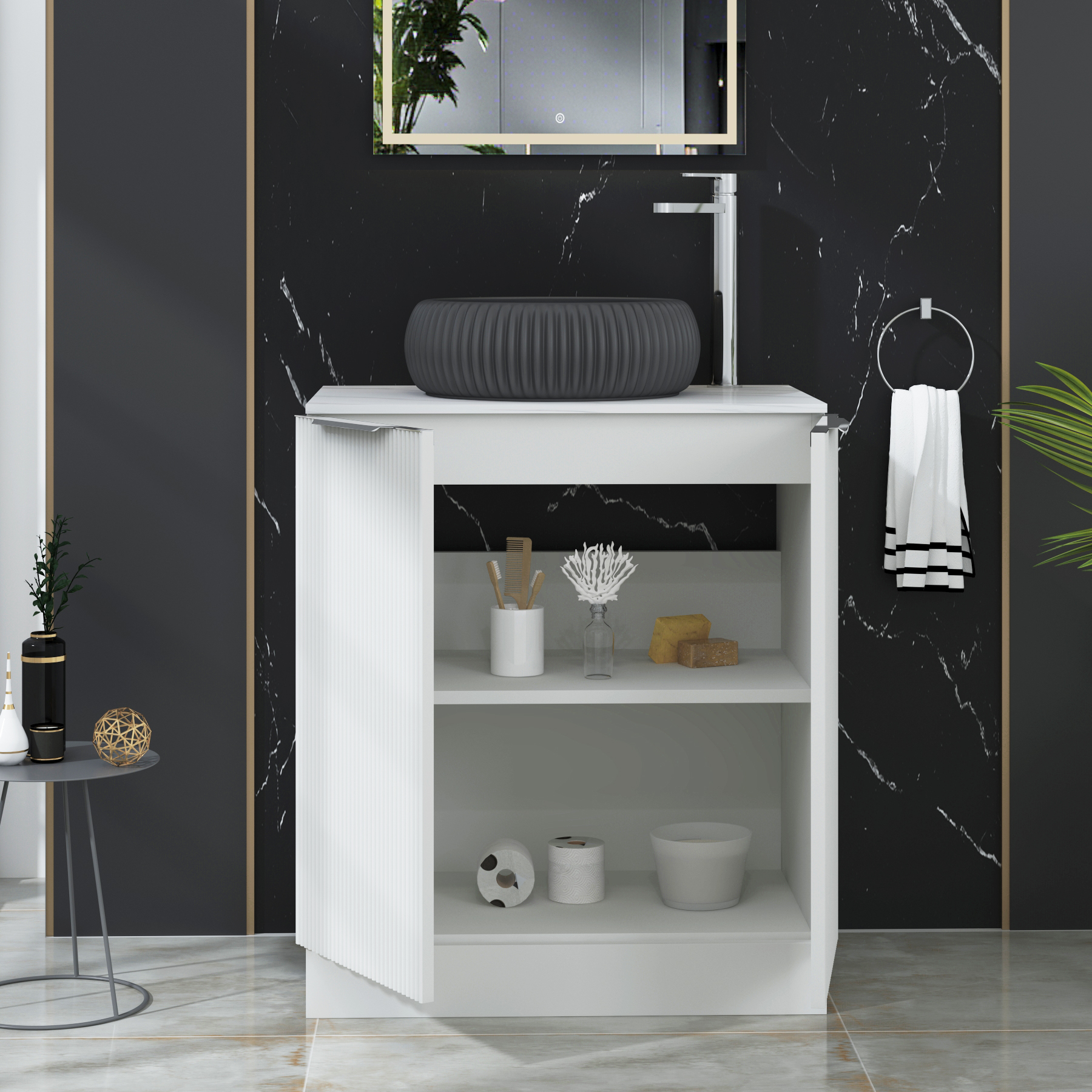 Evora 700mm Matt White Fluted Floor Standing Countertop Vanity Unit 2 Door with Milan Black Basin
