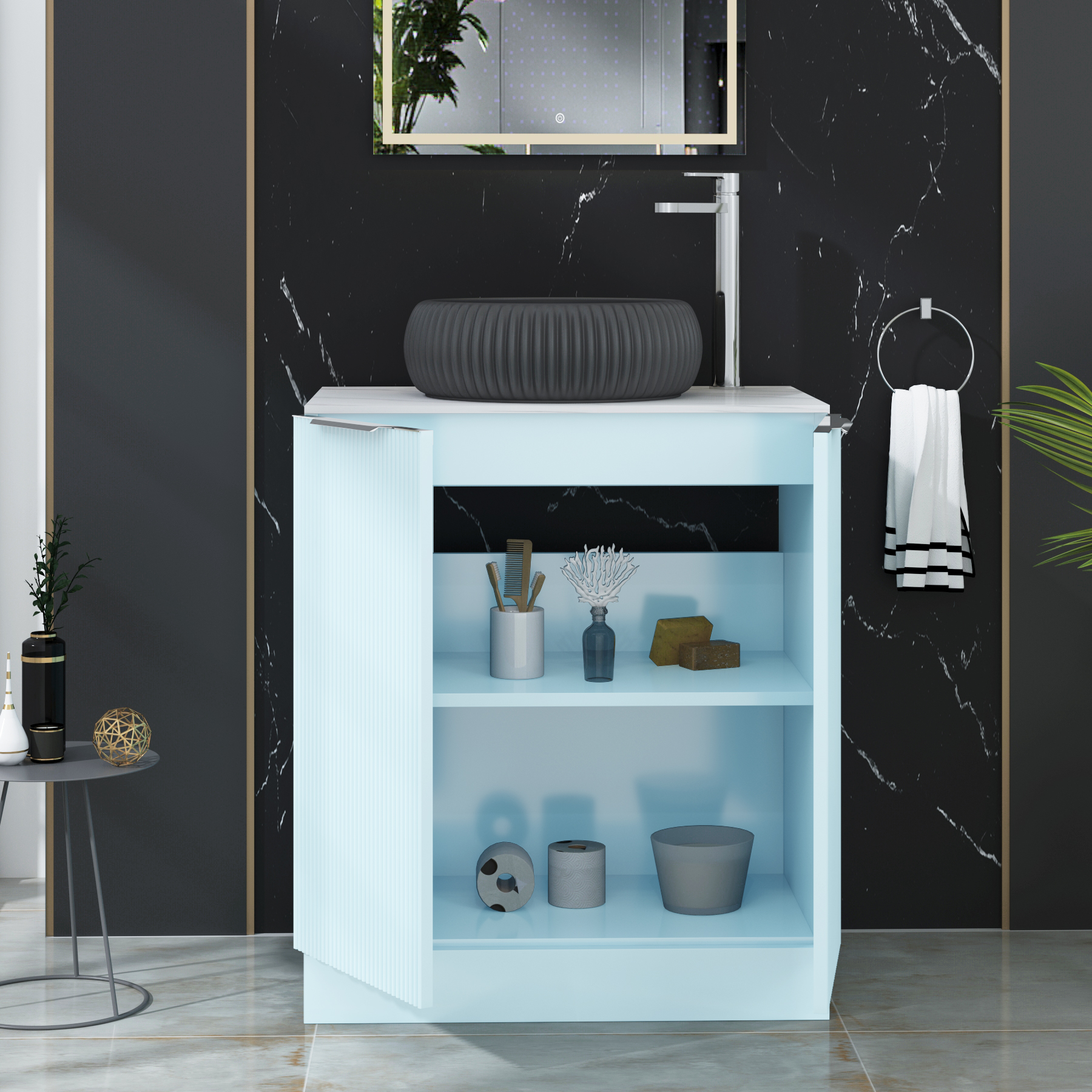 Evora 700mm Powder Blue Fluted Floor Standing Countertop Vanity Unit 2 Door with Milan Black Basin
