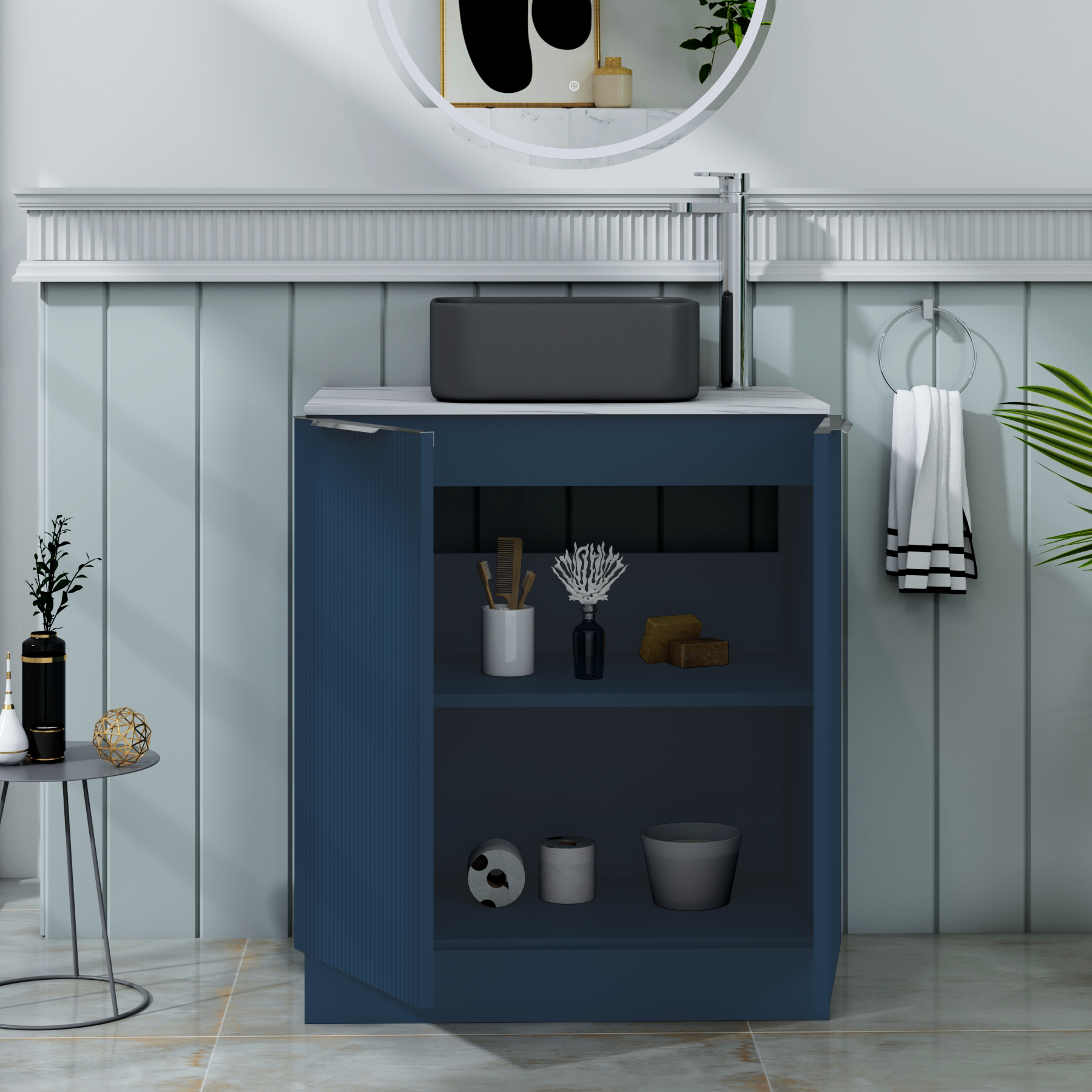 Evora 700mm Midnight Blue Fluted Floor Standing Countertop Vanity Unit 2 Door with Art Square Basin