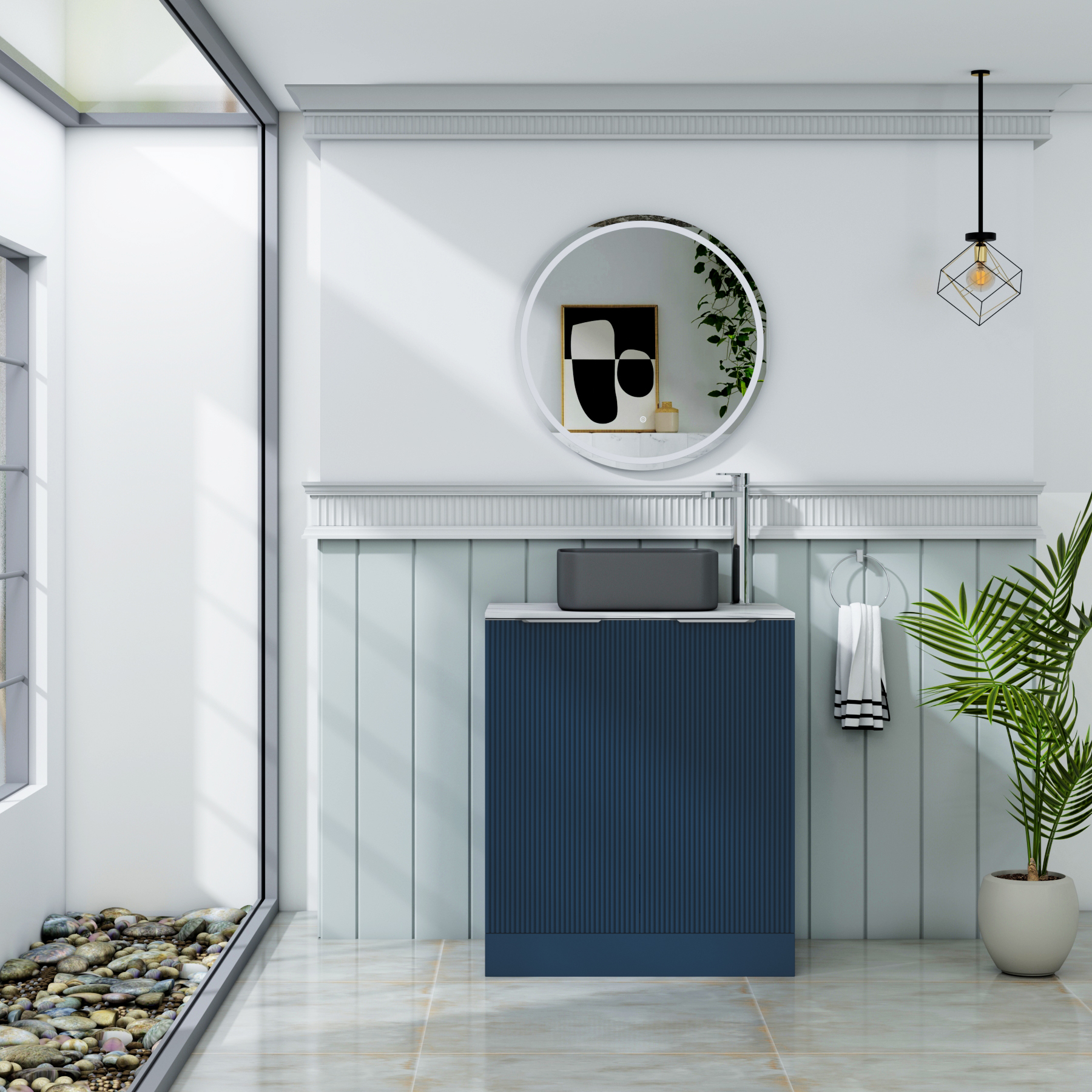 Evora 700mm Midnight Blue Fluted Floor Standing Countertop Vanity Unit 2 Door with Art Square Basin