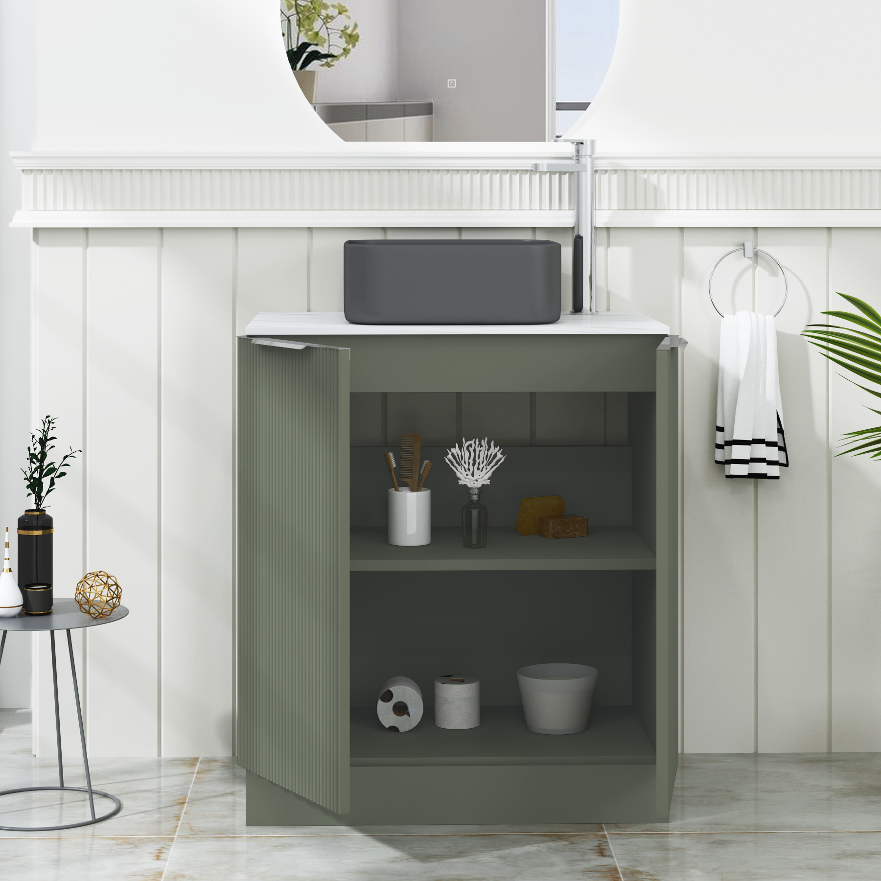 Evora 700mm Sage Green Fluted Floor Standing Countertop Vanity Unit 2 Door with Art Square Basin