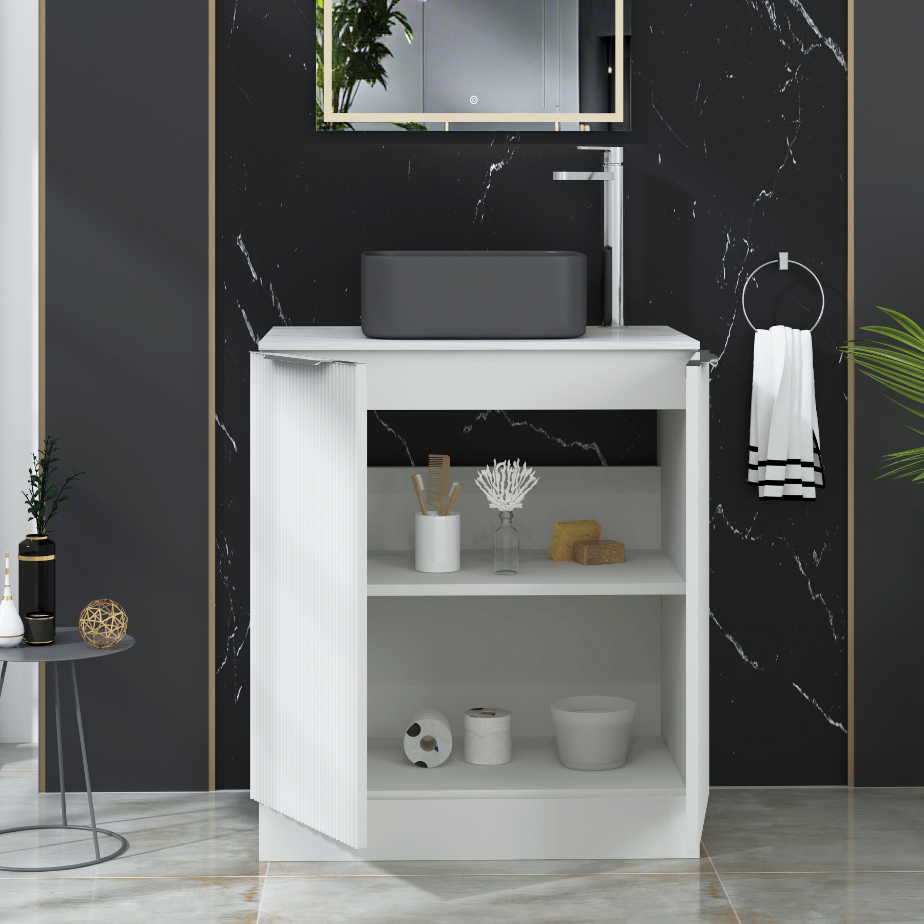 Evora 700mm Matt White Fluted Floor Standing Countertop Vanity Unit 2 Door with Art Square Basin