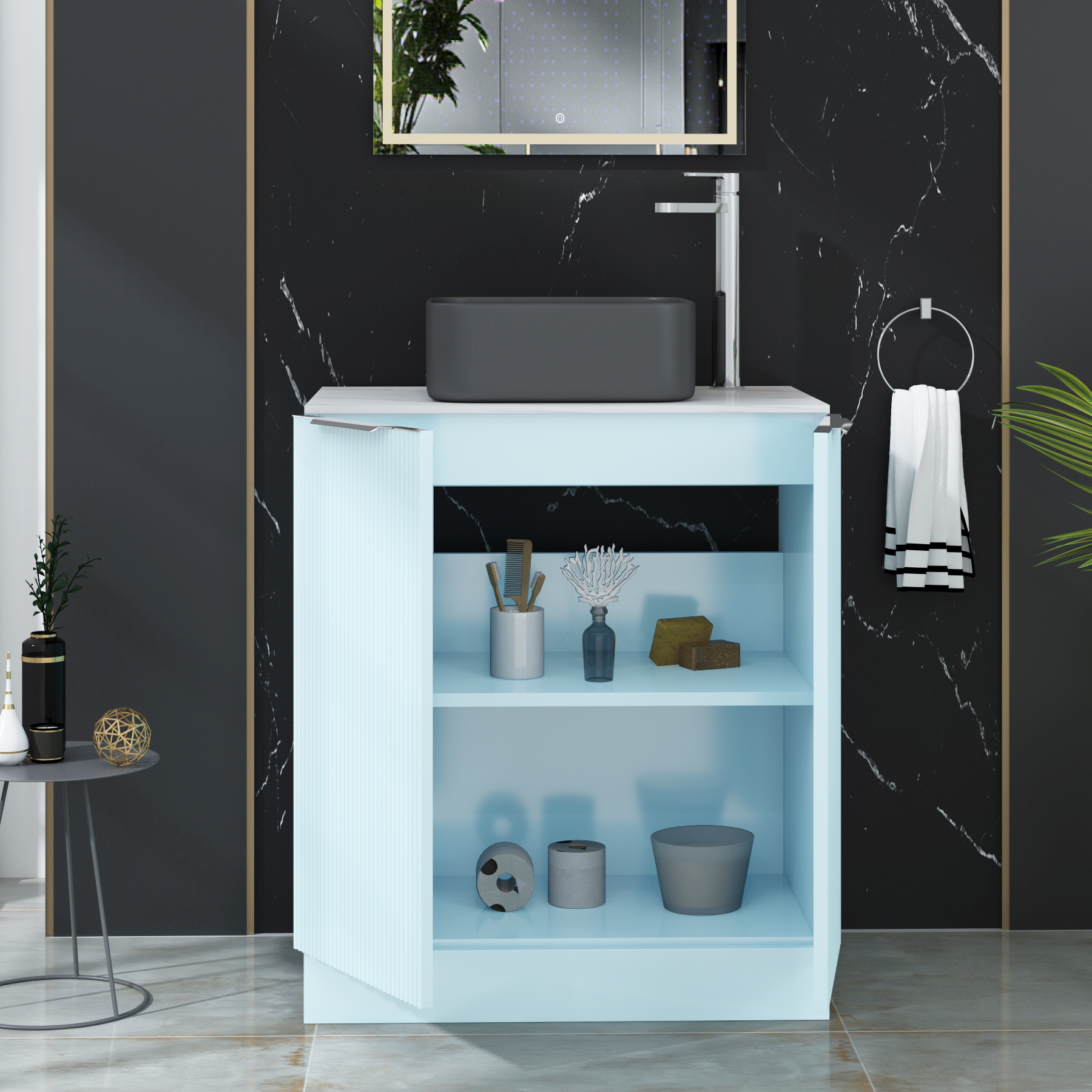Evora 700mm Powder Blue Fluted Floor Standing Countertop Vanity Unit 2 Door with Art Square Basin