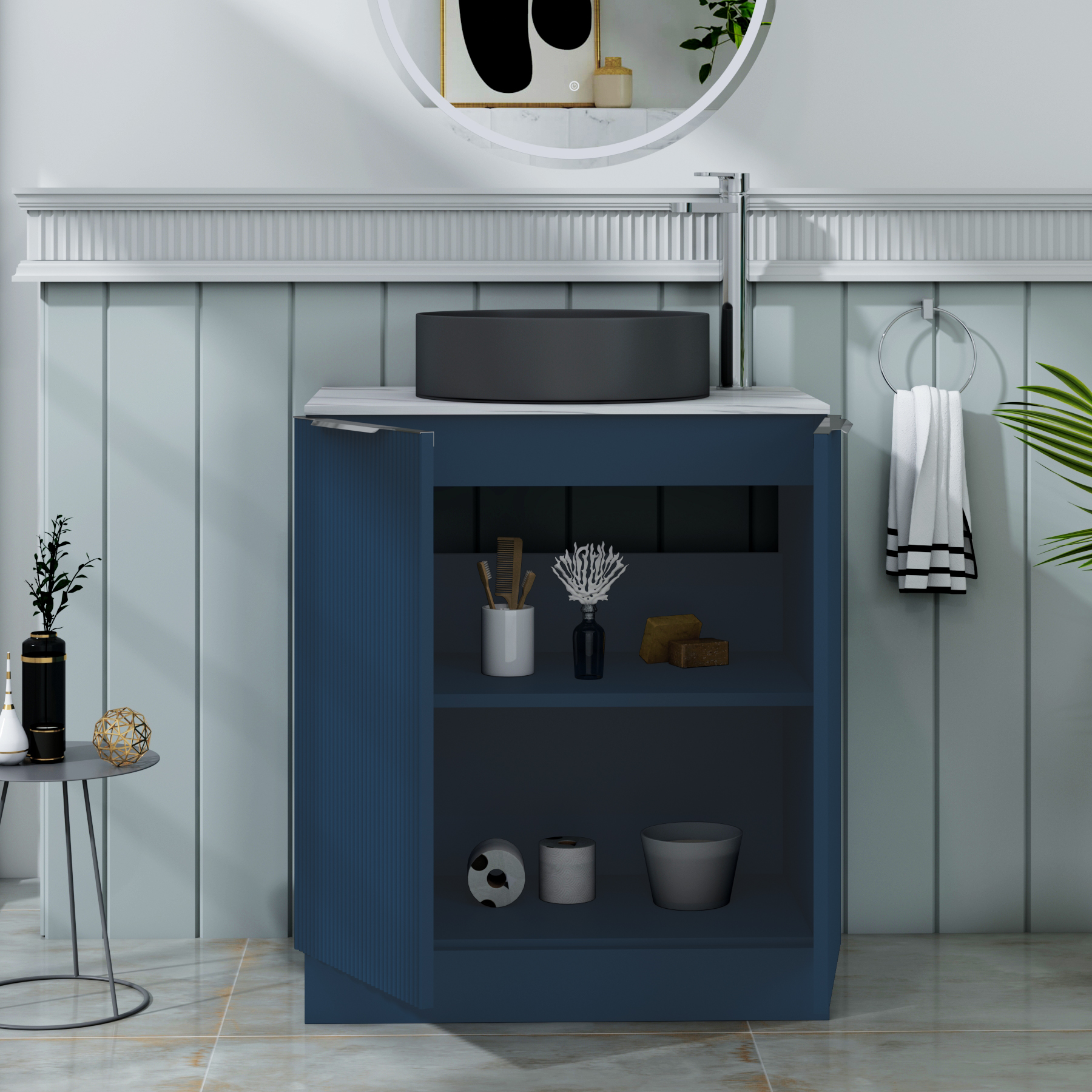 Evora 700mm Midnight Blue Fluted Floor Standing Countertop Vanity Unit 2 Door with Art Round Basin