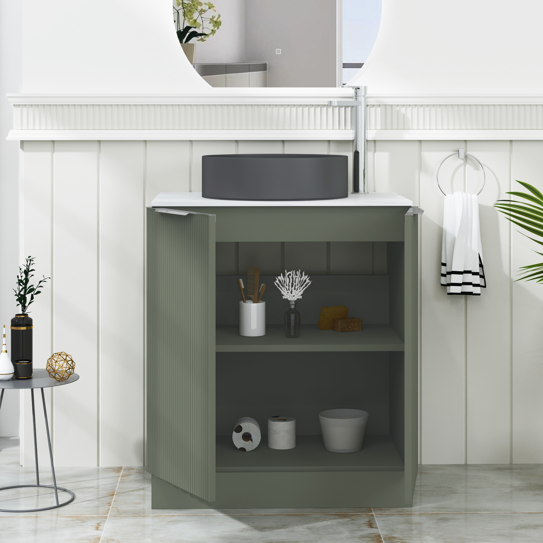 Evora 700mm Sage Green Fluted Floor Standing Countertop Vanity Unit 2 Door with Art Round Basin