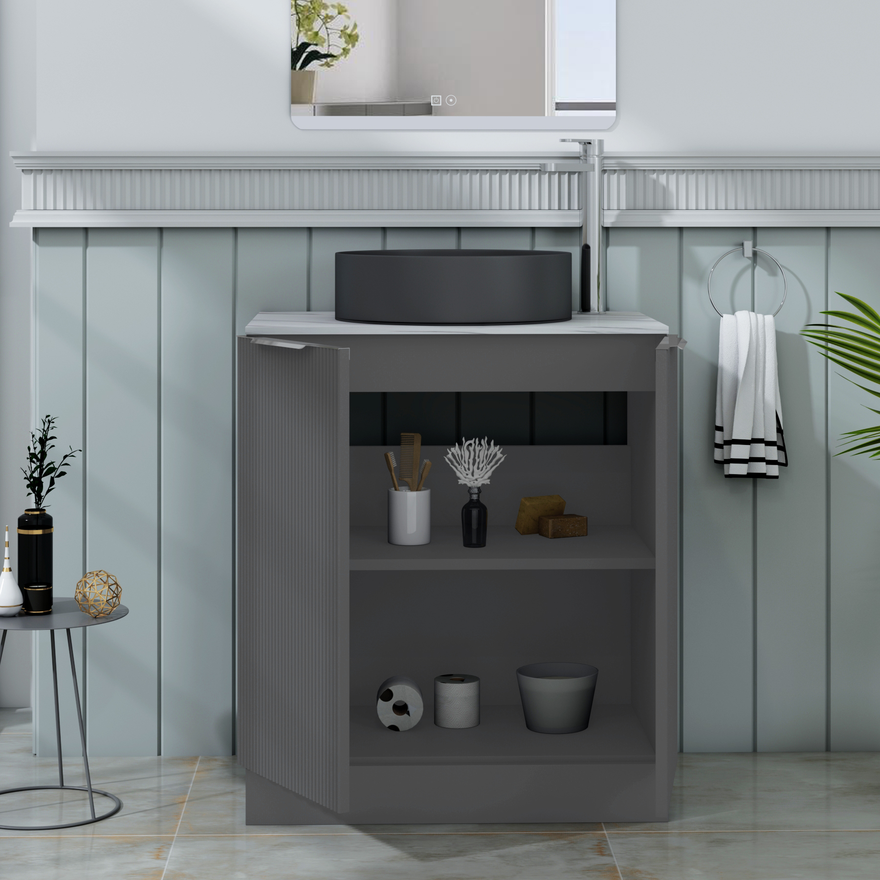 Evora 700mm Graphite Grey Fluted Floor Standing Countertop Vanity Unit 2 Door with Art Round Basin