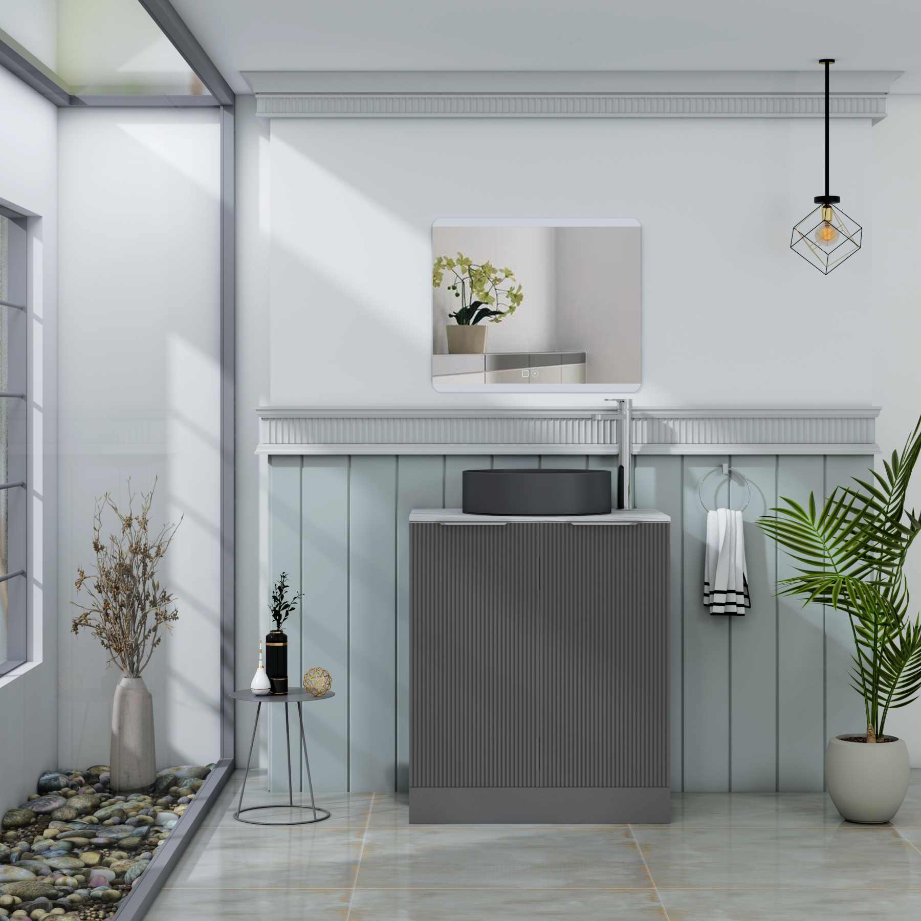 Evora 700mm Graphite Grey Fluted Floor Standing Countertop Vanity Unit 2 Door with Art Round Basin