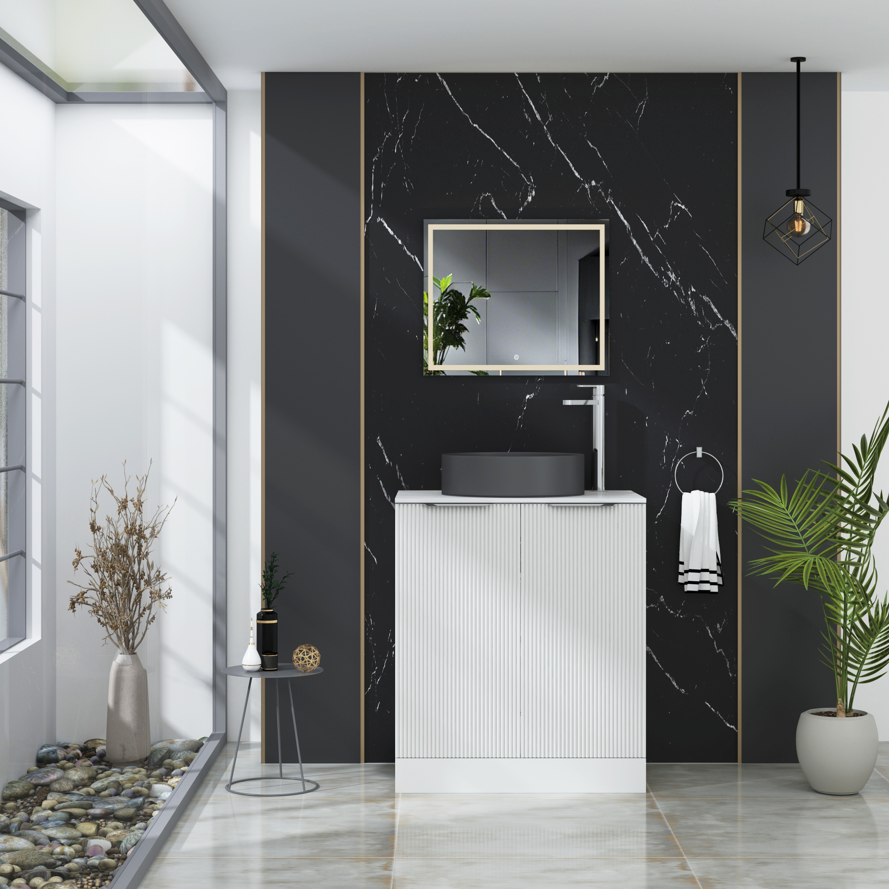 Evora 700mm Matt White Fluted Floor Standing Countertop Vanity Unit 2 Door with Art Round Basin