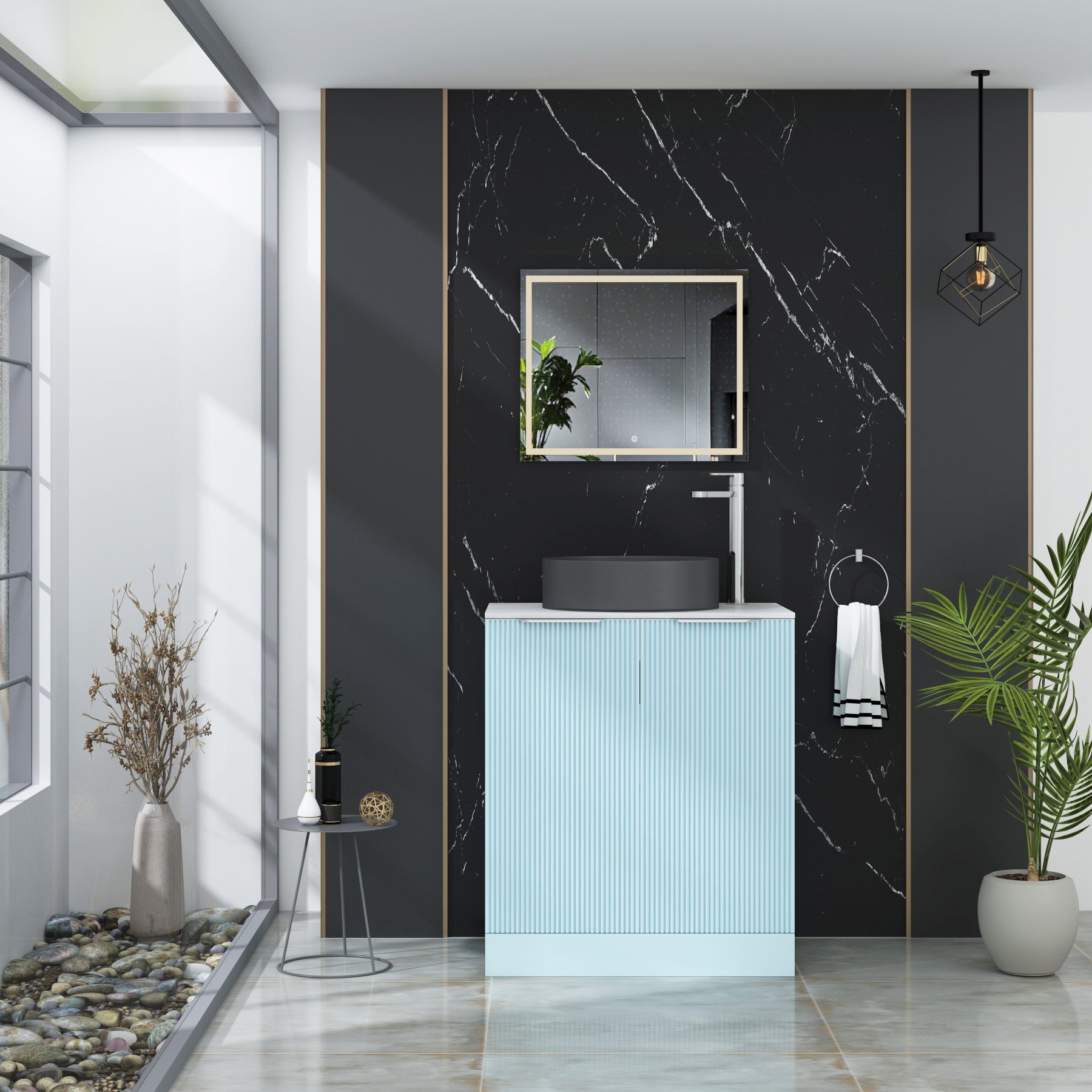 Evora 700mm Powder Blue Fluted Floor Standing Countertop Vanity Unit 2 Door with Art Round Basin