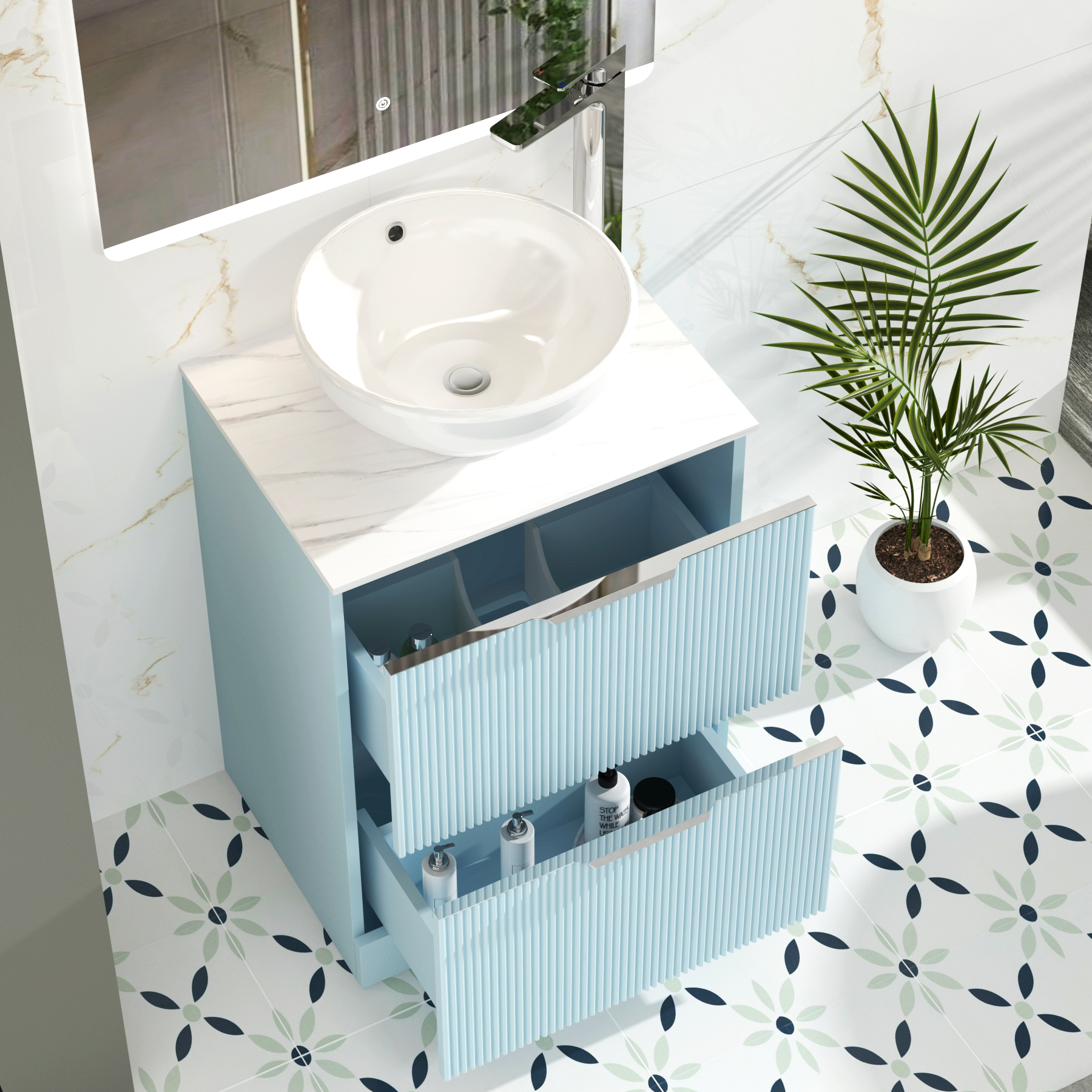 Evora 600mm Matt Sky Blue Fluted Floor Standing Vanity Unit 2 Drawer ...