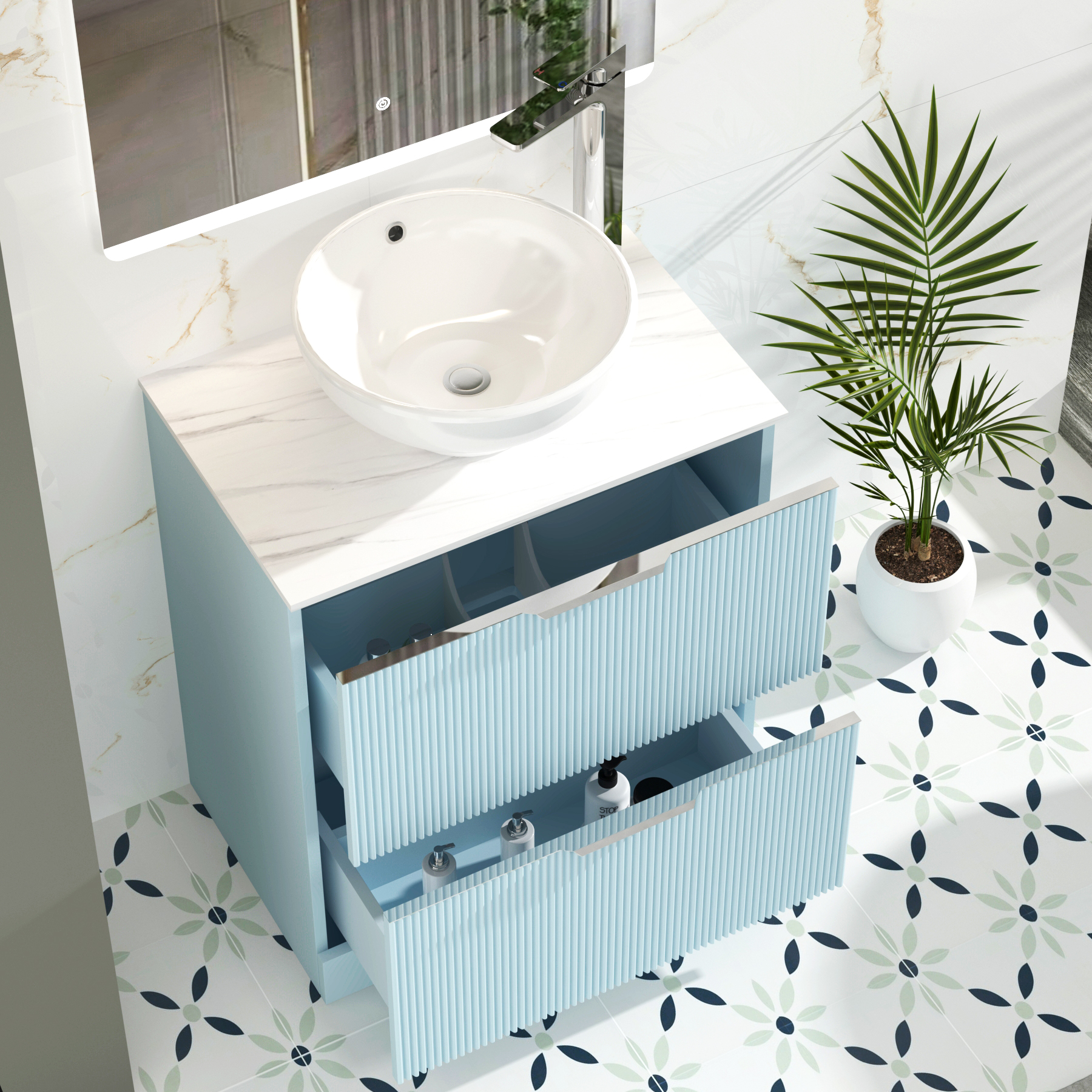 Evora 700mm Powder Blue Fluted Floor Standing Vanity Unit 2 Drawer with Countertop Basin - Breeze