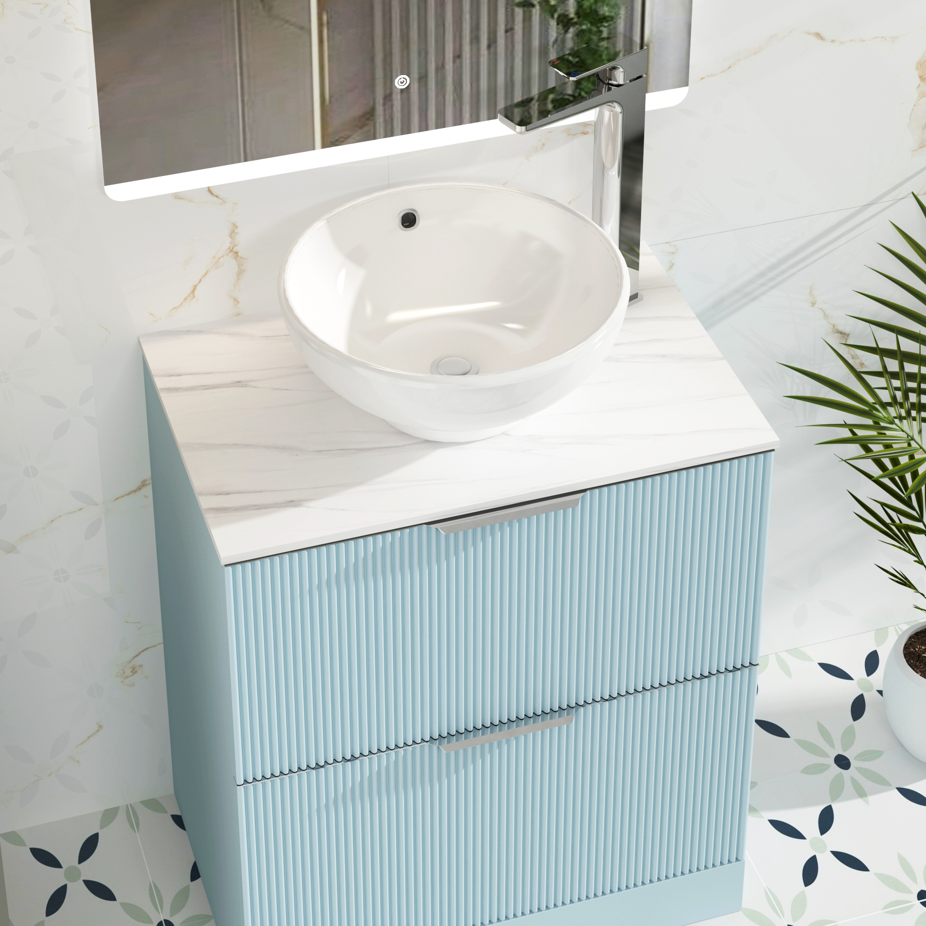 Evora 700mm Powder Blue Fluted Floor Standing Vanity Unit 2 Drawer with Countertop Basin - Breeze