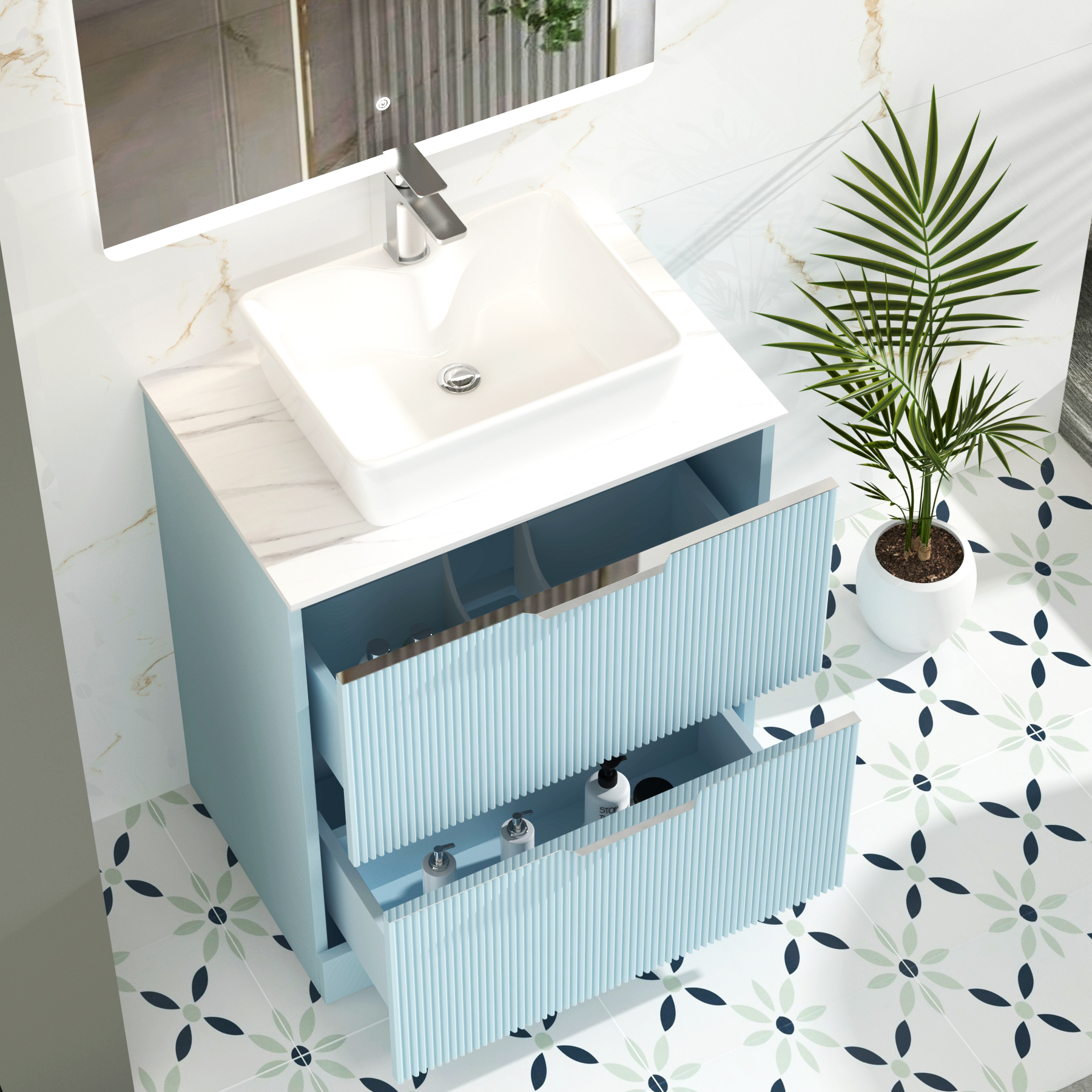 Evora 700mm Powder Blue Fluted Floor Standing Vanity Unit 2 Drawer with Carrara White Worktop
