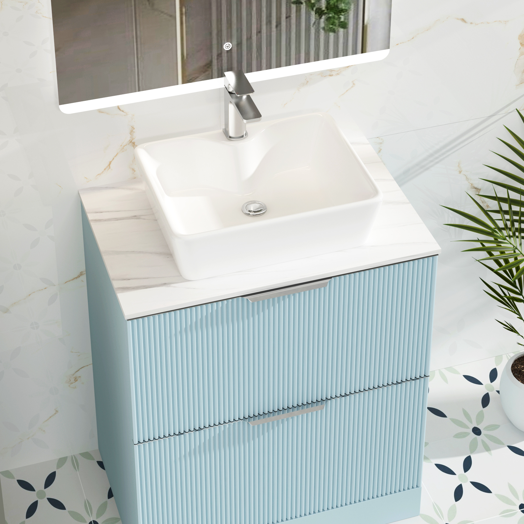 Evora 700mm Powder Blue Fluted Floor Standing Vanity Unit 2 Drawer with Carrara White Worktop