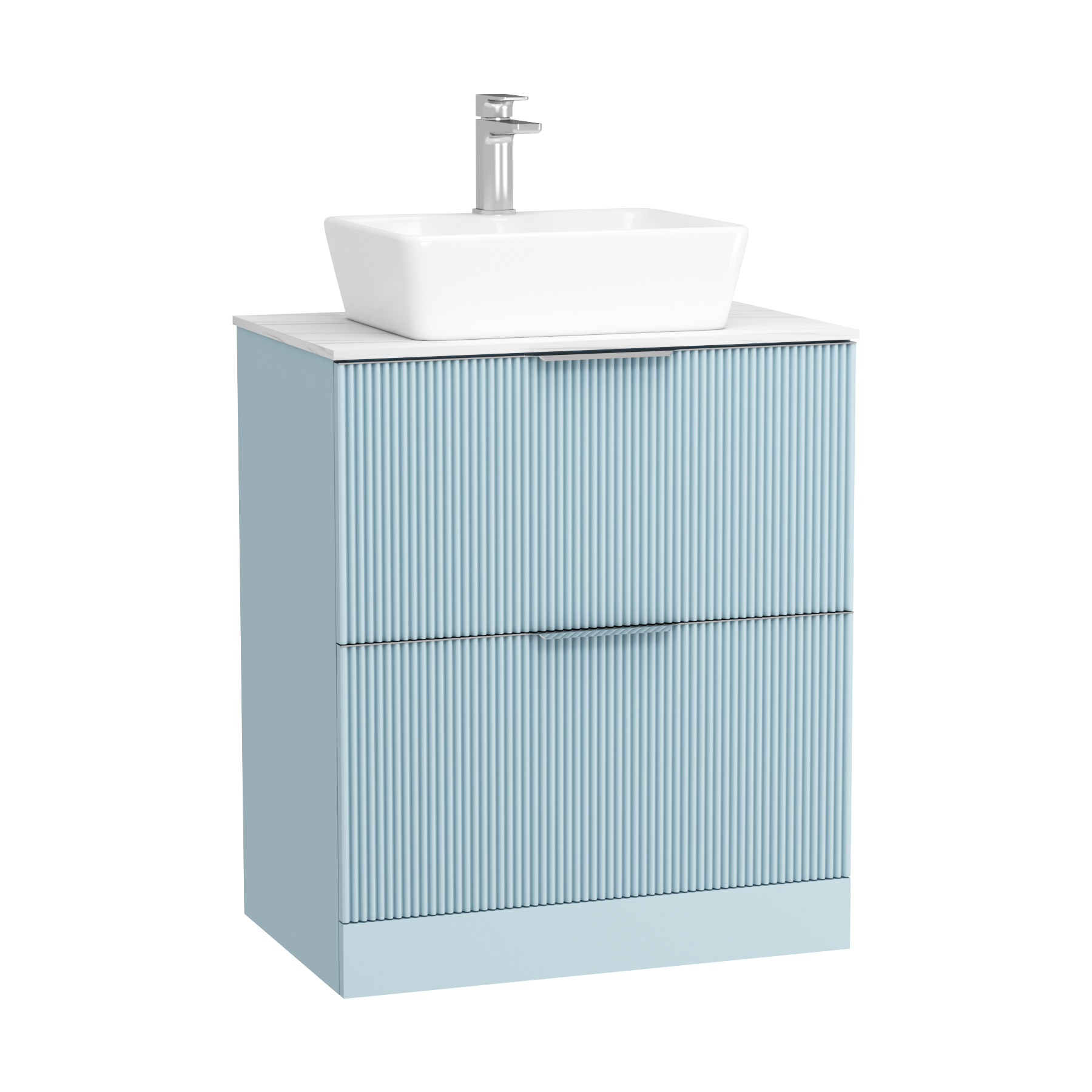 Evora 700mm Powder Blue Fluted Floor Standing Vanity Unit 2 Drawer with Carrara White Worktop