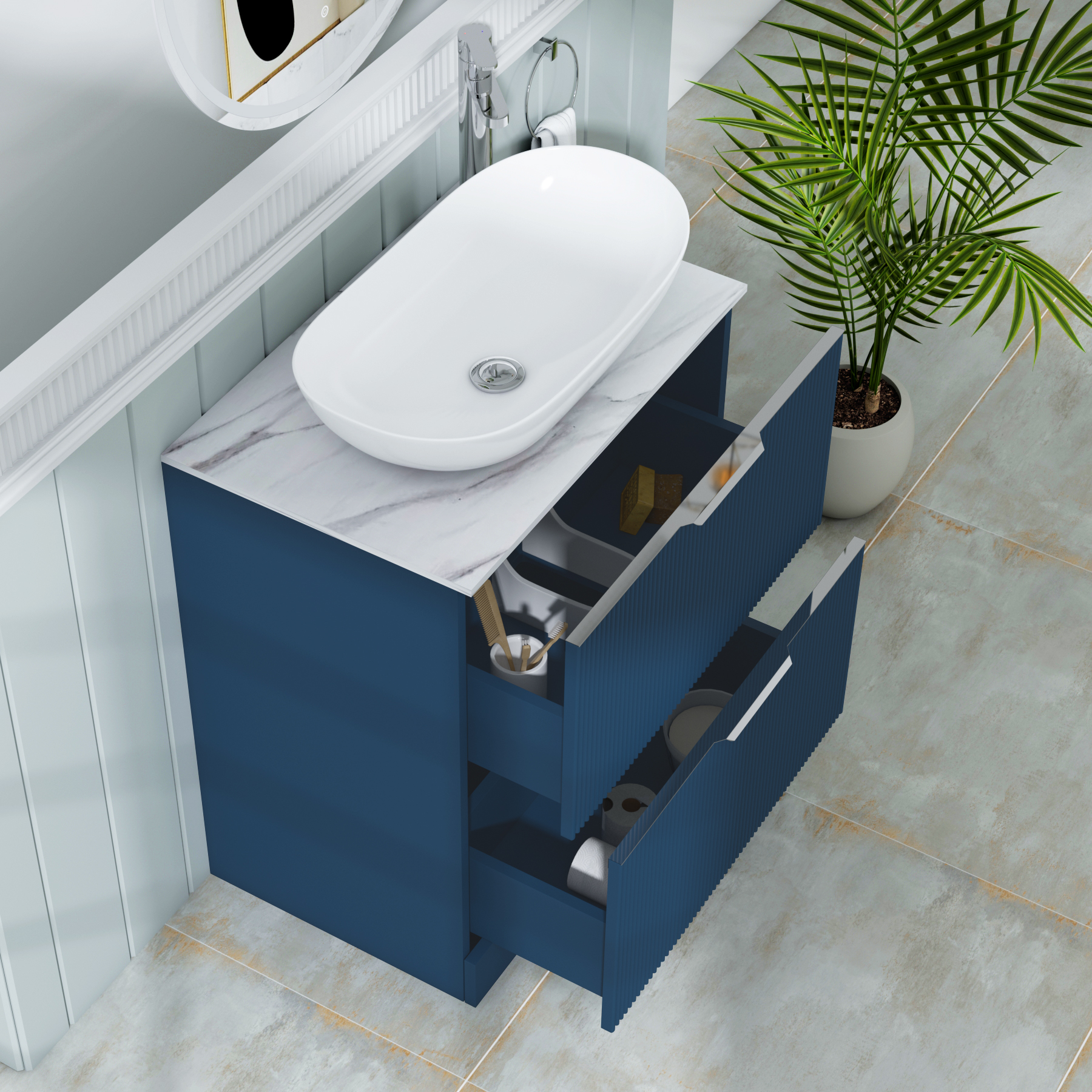 Evora 700mm Midnight Blue Fluted Floor Standing Countertop Vanity Unit 2 Drawer with Cesar Basin