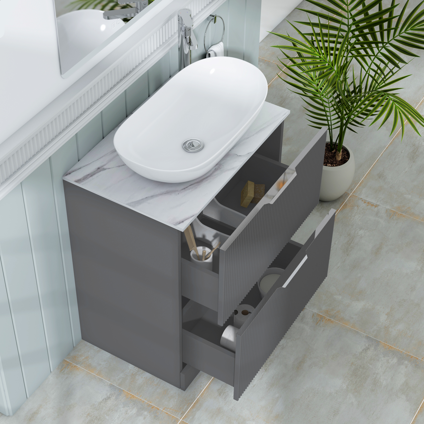 Evora 700mm Graphite Grey Fluted Floor Standing Countertop Vanity Unit 2 Drawer with Cesar Basin