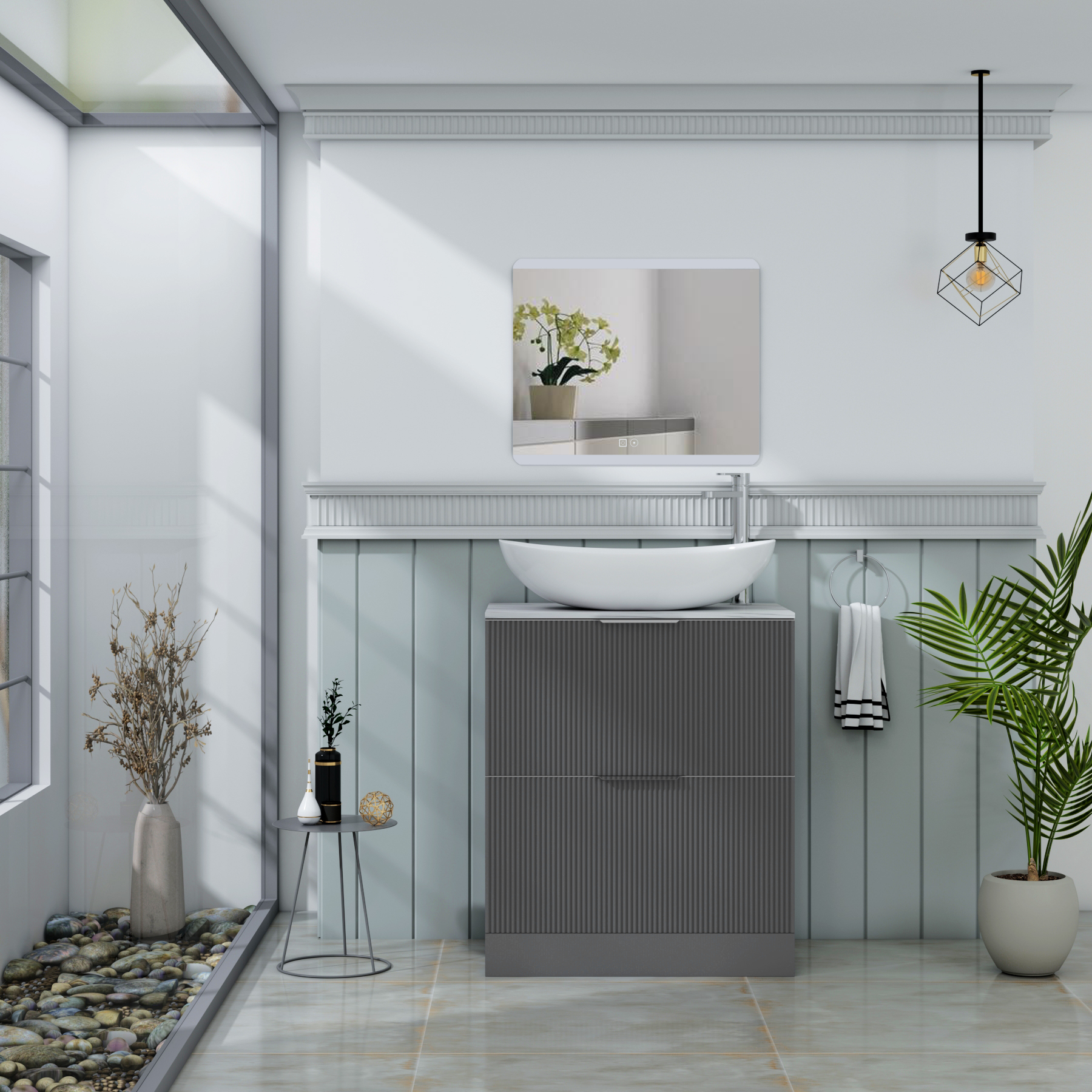Evora 700mm Graphite Grey Fluted Floor Standing Countertop Vanity Unit 2 Drawer with Cesar Basin