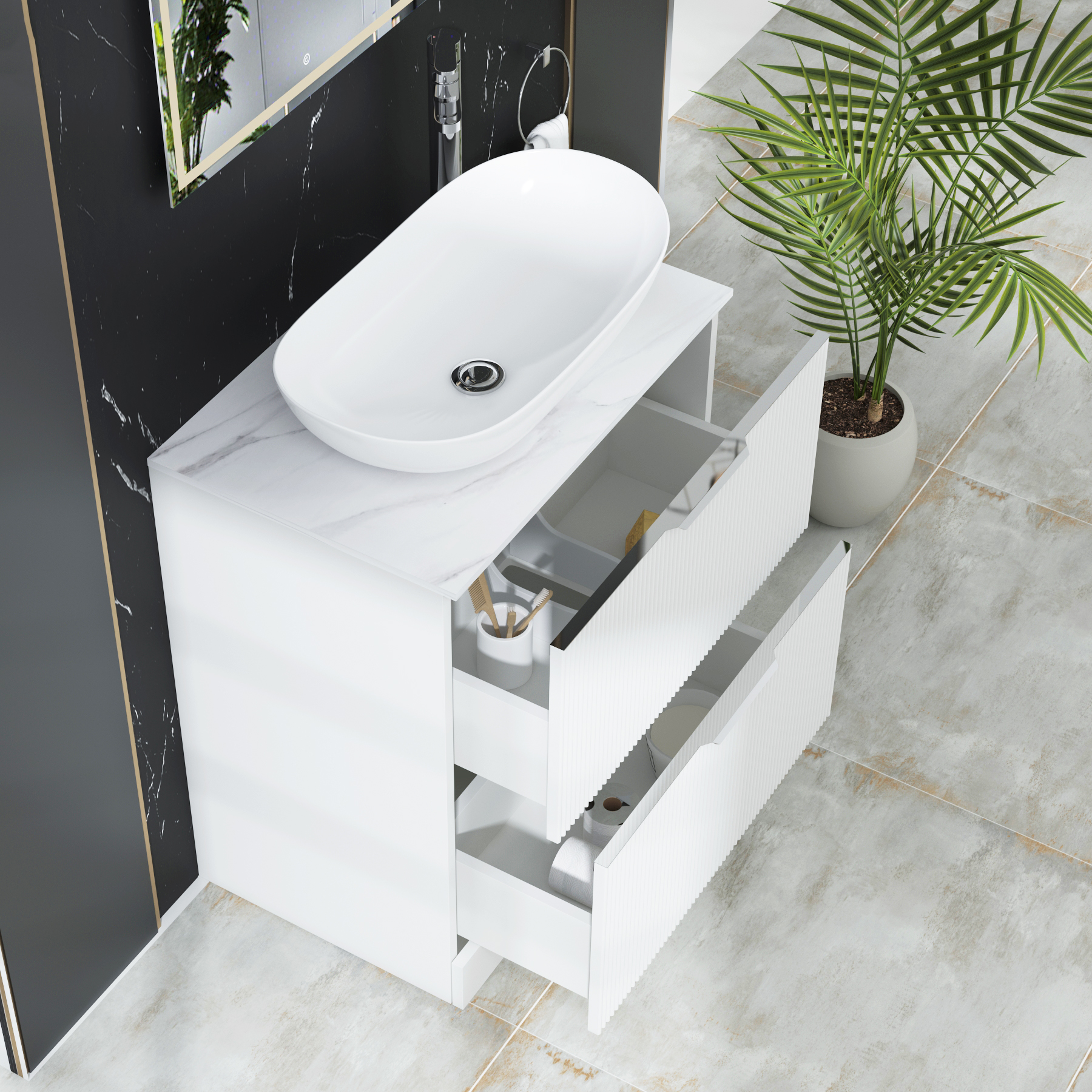 Evora 700mm Matt White Fluted Floor Standing Countertop Vanity Unit 2 Drawer with Cesar Basin