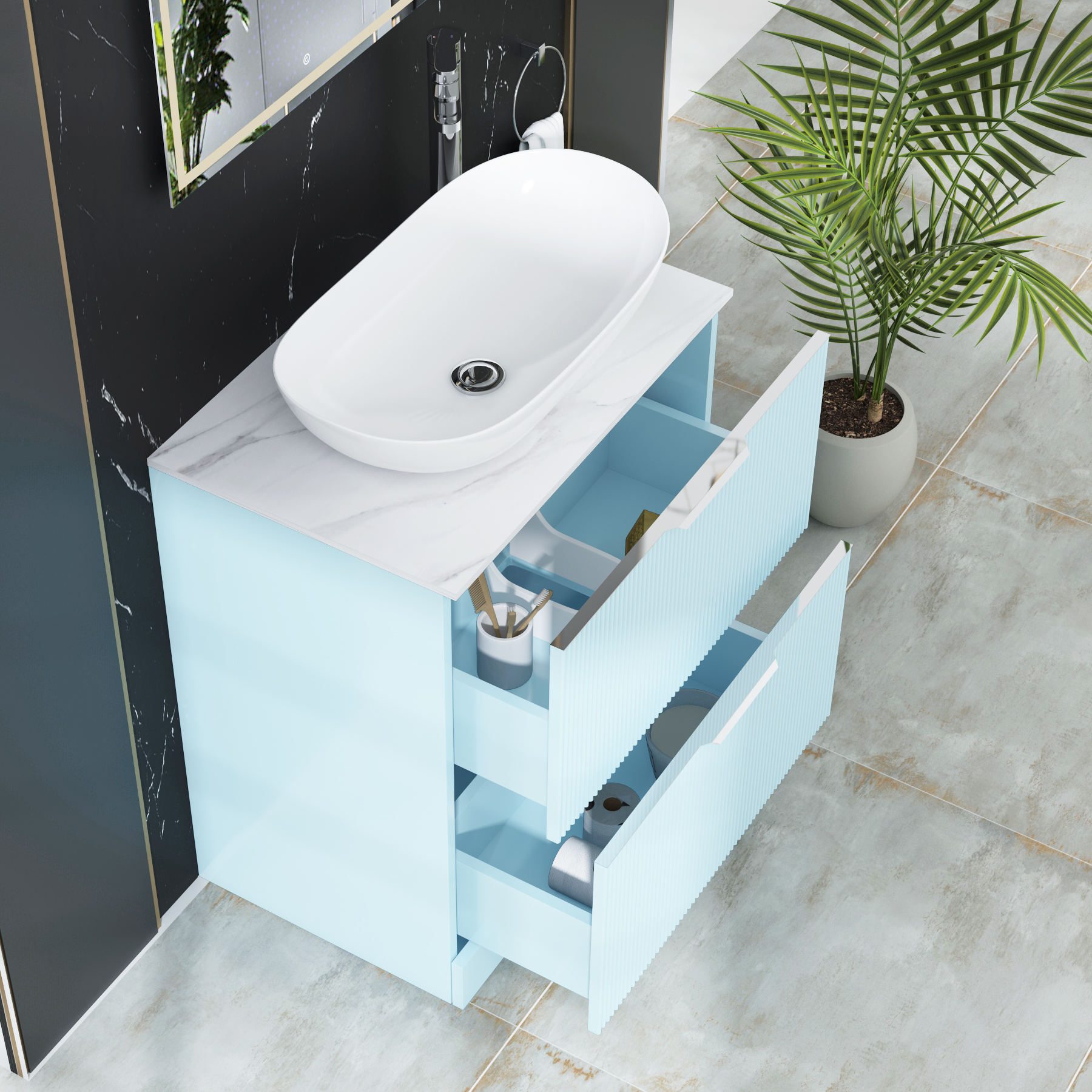 Evora 700mm Powder Blue Fluted Floor Standing Countertop Vanity Unit 2 Drawer with Cesar Basin