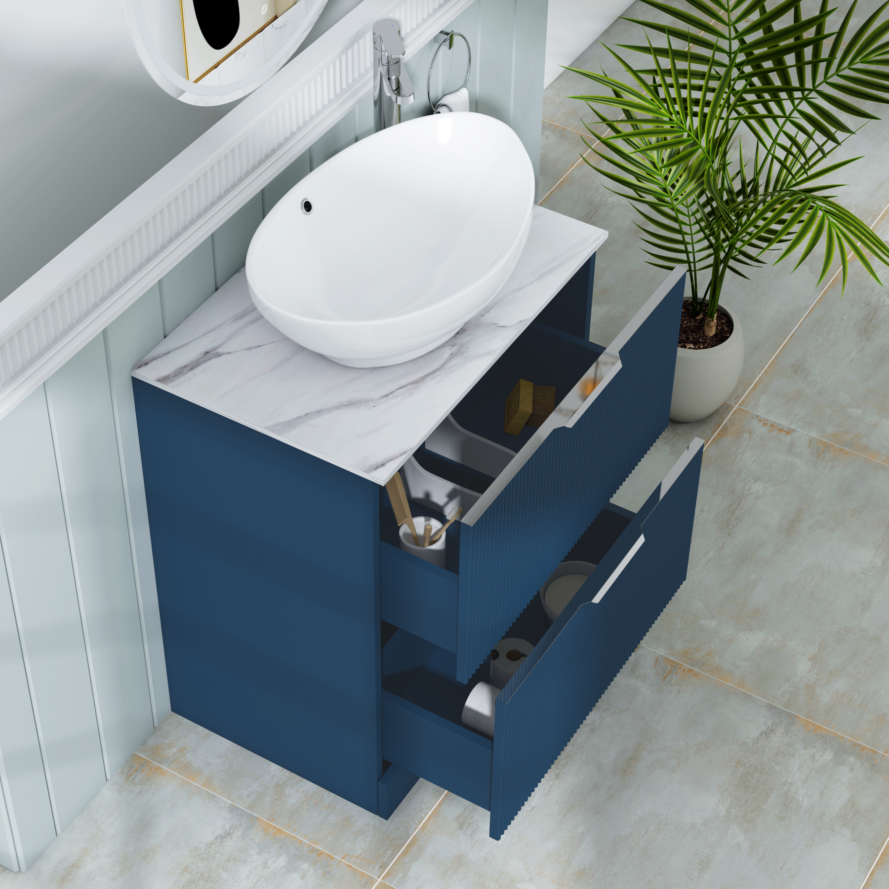 Evora 700mm Midnight Blue Fluted Floor Standing Countertop Vanity Unit 2 Drawer with Amaze Basin