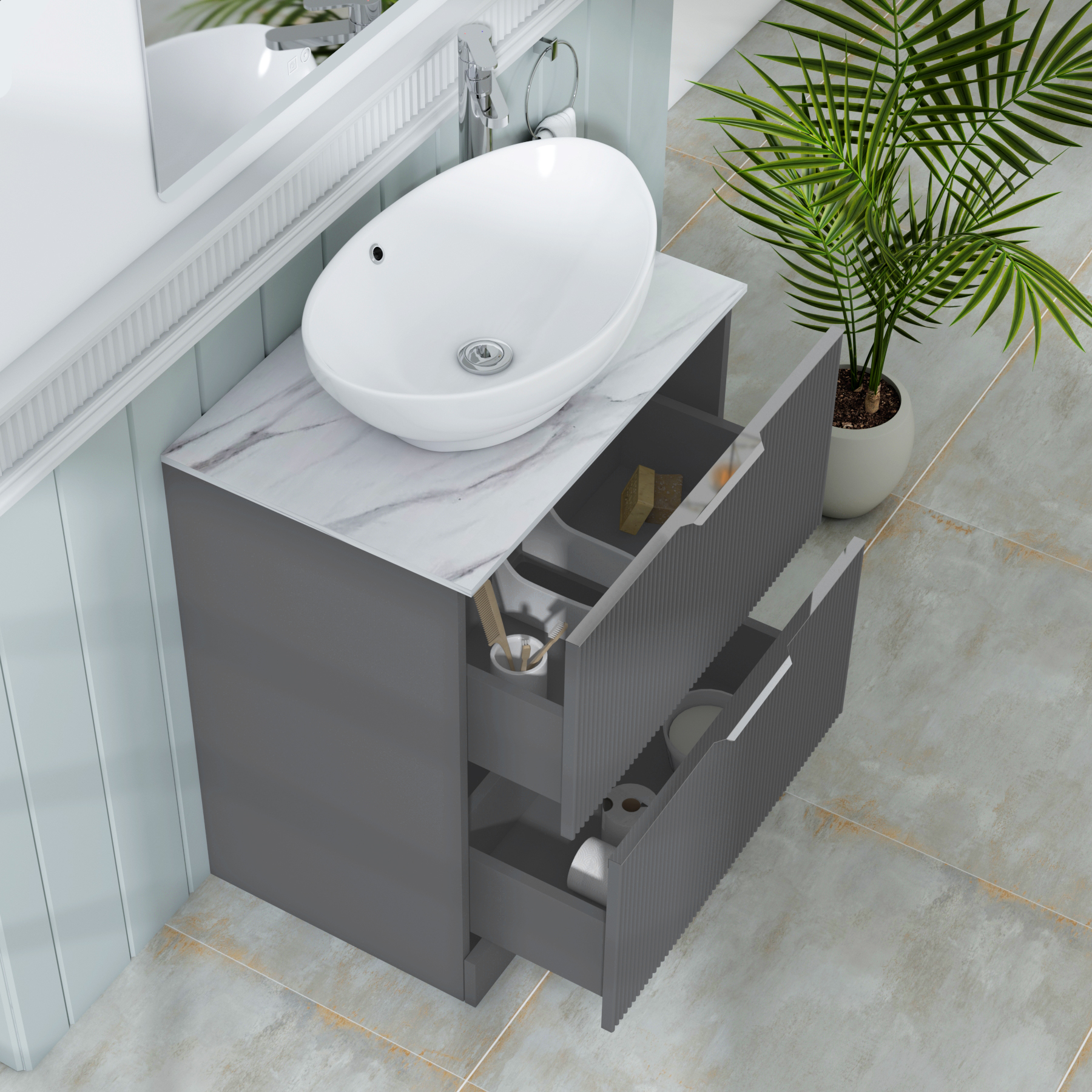 Evora 700mm Graphite Grey Fluted Floor Standing Countertop Vanity Unit 2 Drawer with Amaze Basin