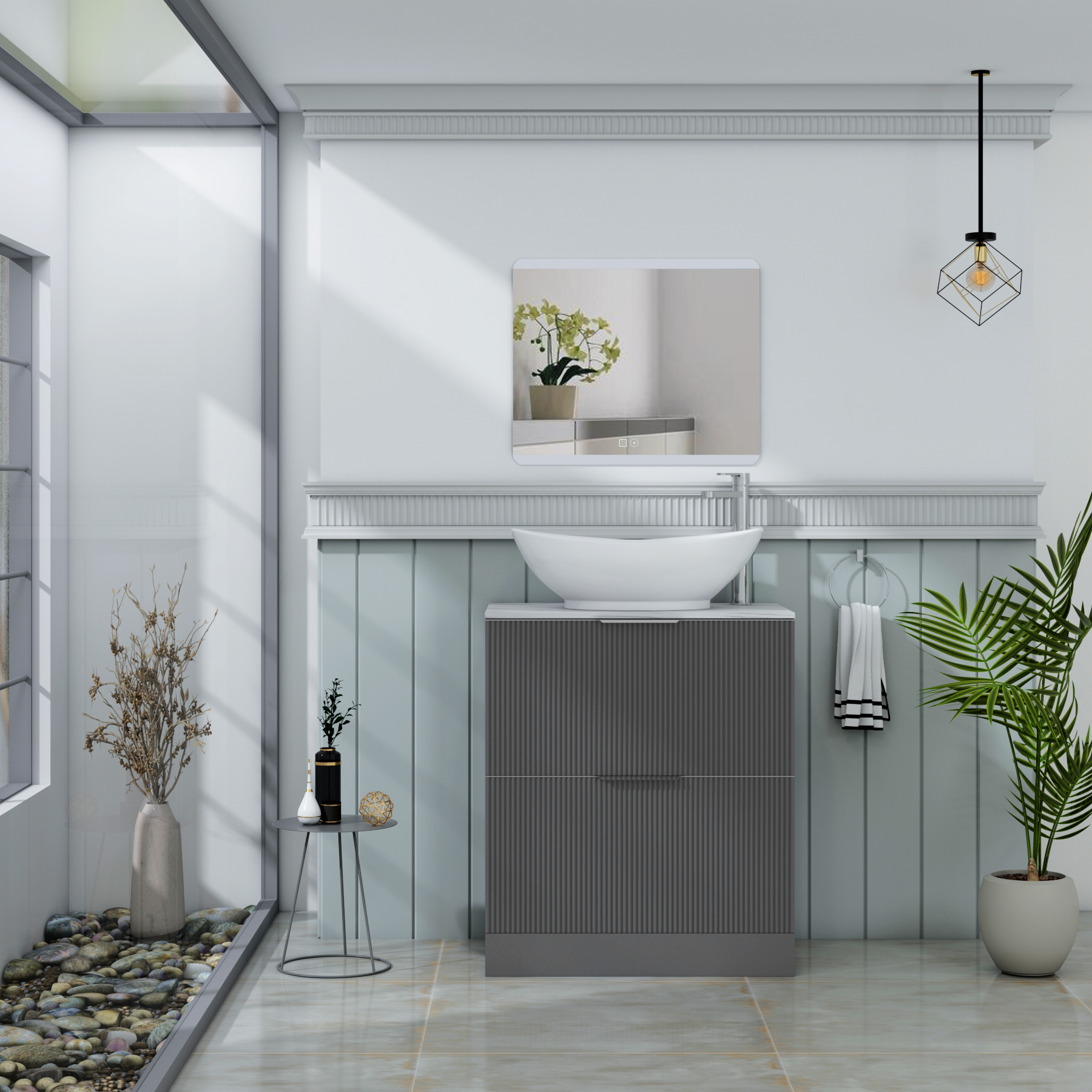 Evora 700mm Graphite Grey Fluted Floor Standing Countertop Vanity Unit 2 Drawer with Amaze Basin