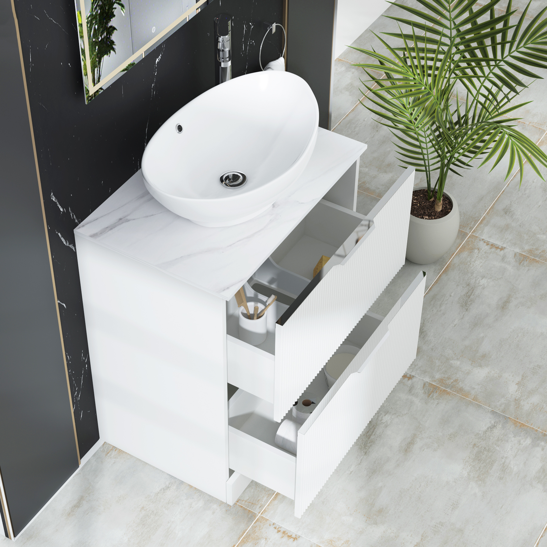 Evora 700mm Matt White Fluted Floor Standing Countertop Vanity Unit 2 Drawer with Amaze Basin
