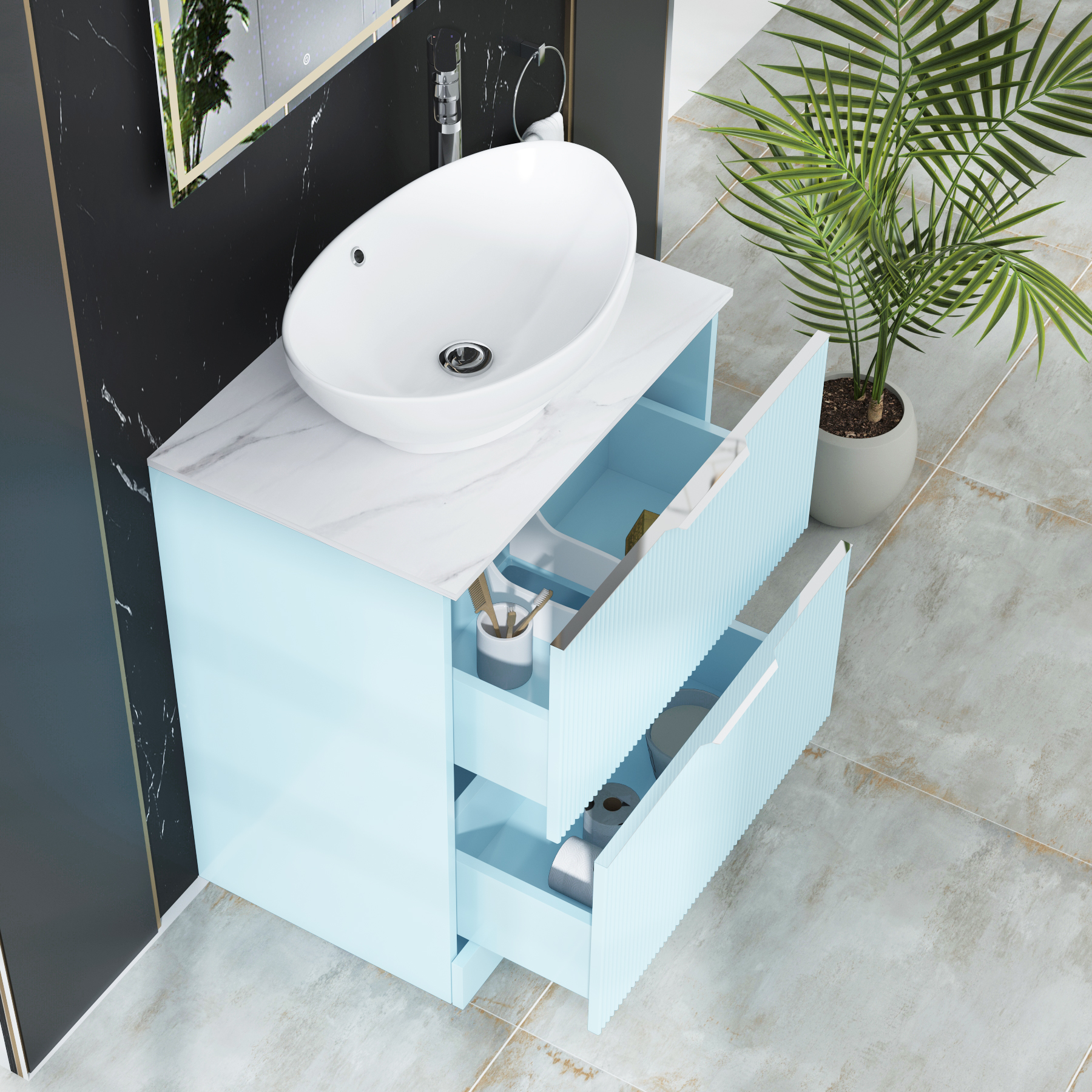 Evora 700mm Powder Blue Fluted Floor Standing Countertop Vanity Unit 2 Drawer with Amaze Basin
