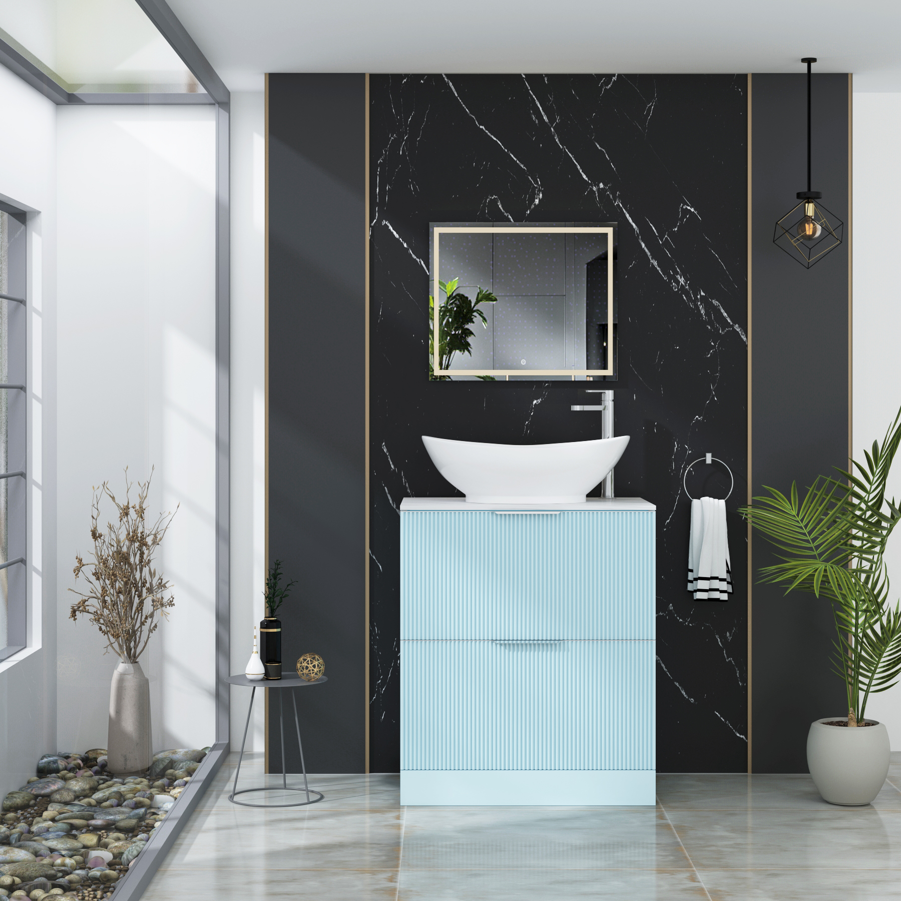 Evora 700mm Powder Blue Fluted Floor Standing Countertop Vanity Unit 2 Drawer with Amaze Basin