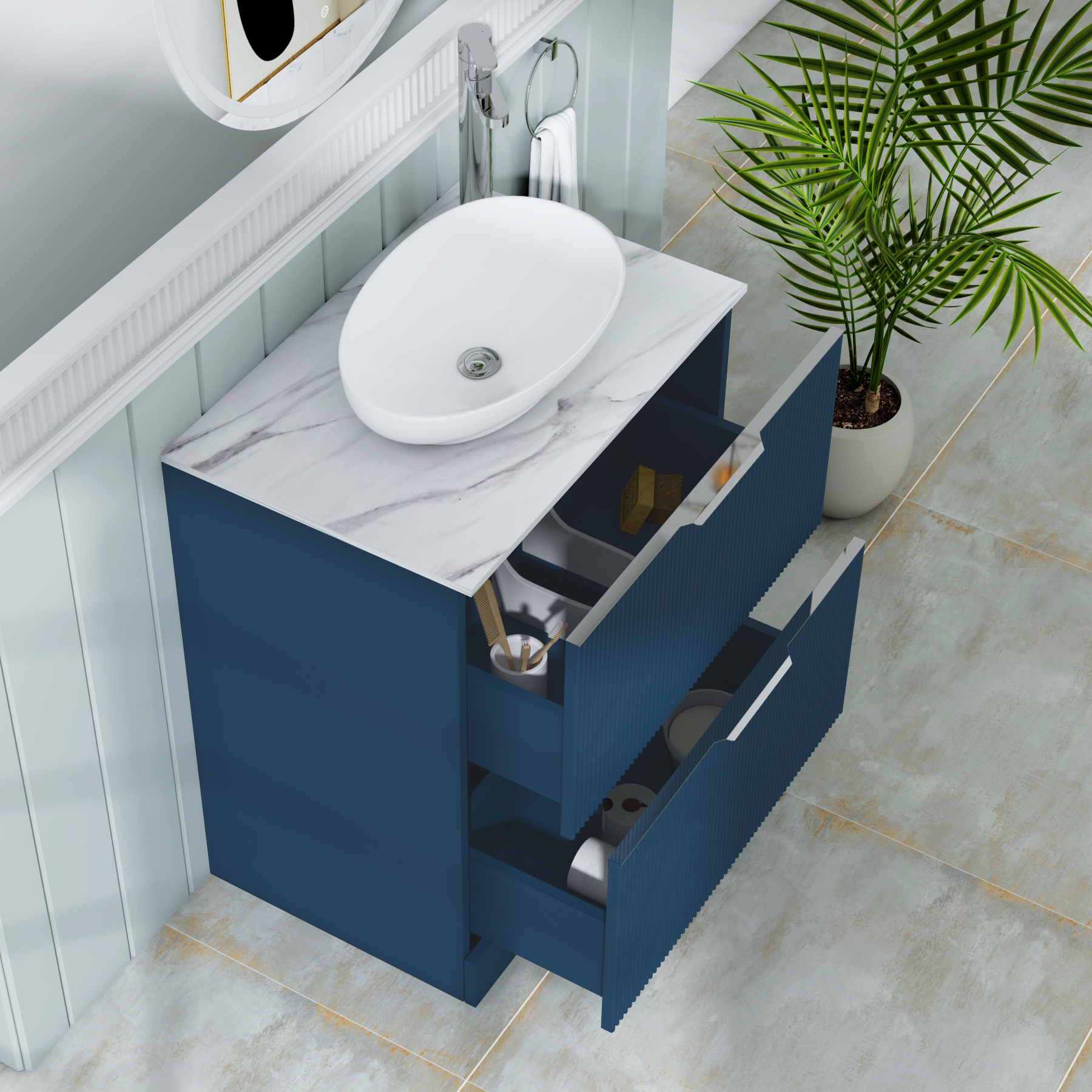 Evora 700mm Midnight Blue Fluted Floor Standing Countertop Vanity Unit 2 Drawer with Nova Basin