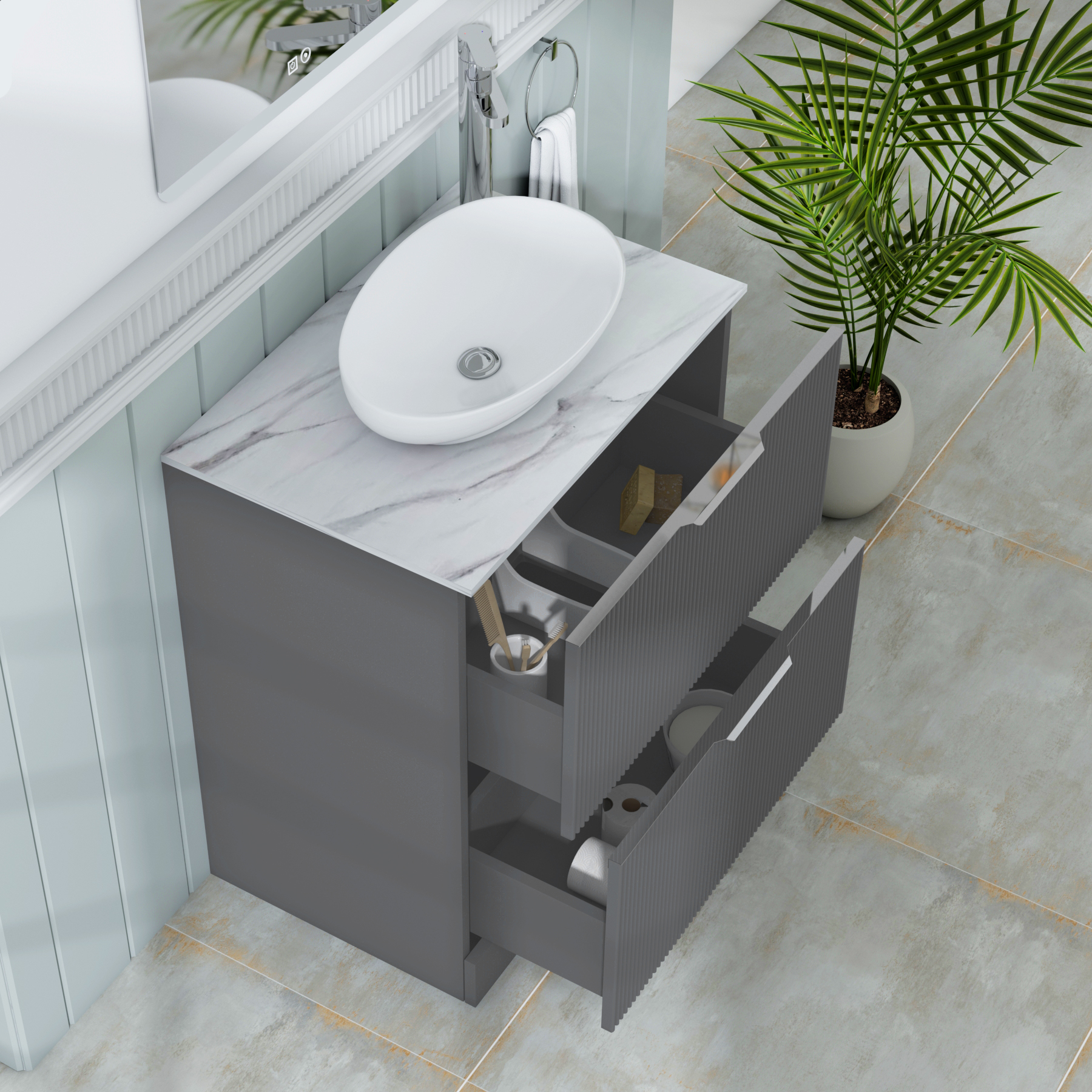 Evora 700mm Graphite Grey Fluted Floor Standing Countertop Vanity Unit 2 Drawer with Nova Basin