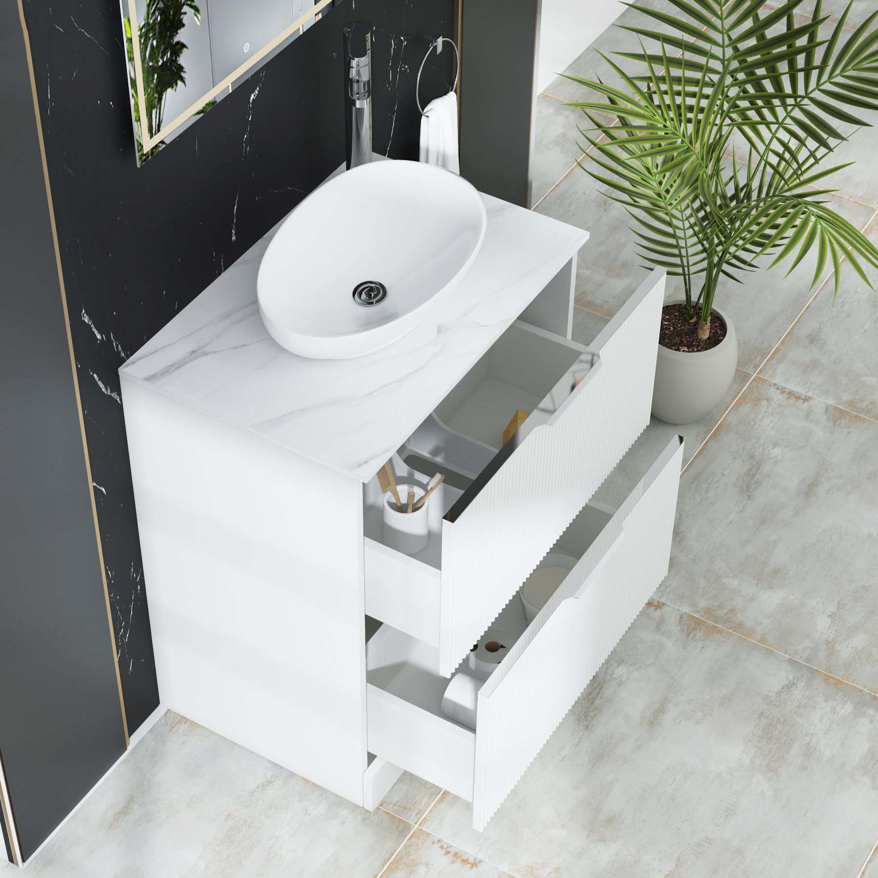 Evora 700mm Matt White Fluted Floor Standing Countertop Vanity Unit 2 Drawer with Nova Basin