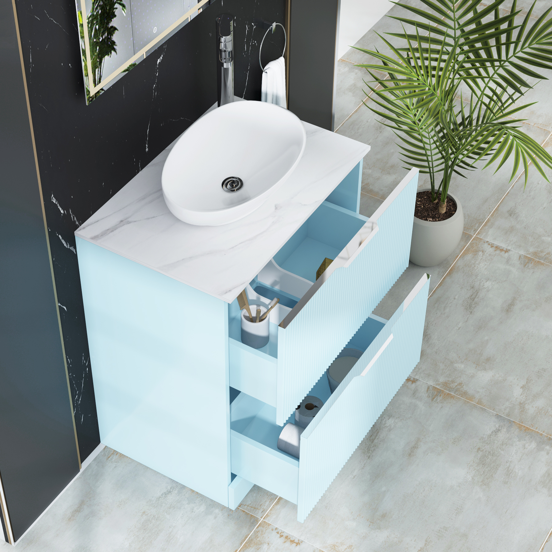 Evora 700mm Powder Blue Fluted Floor Standing Countertop Vanity Unit 2 Drawer with Nova Basin