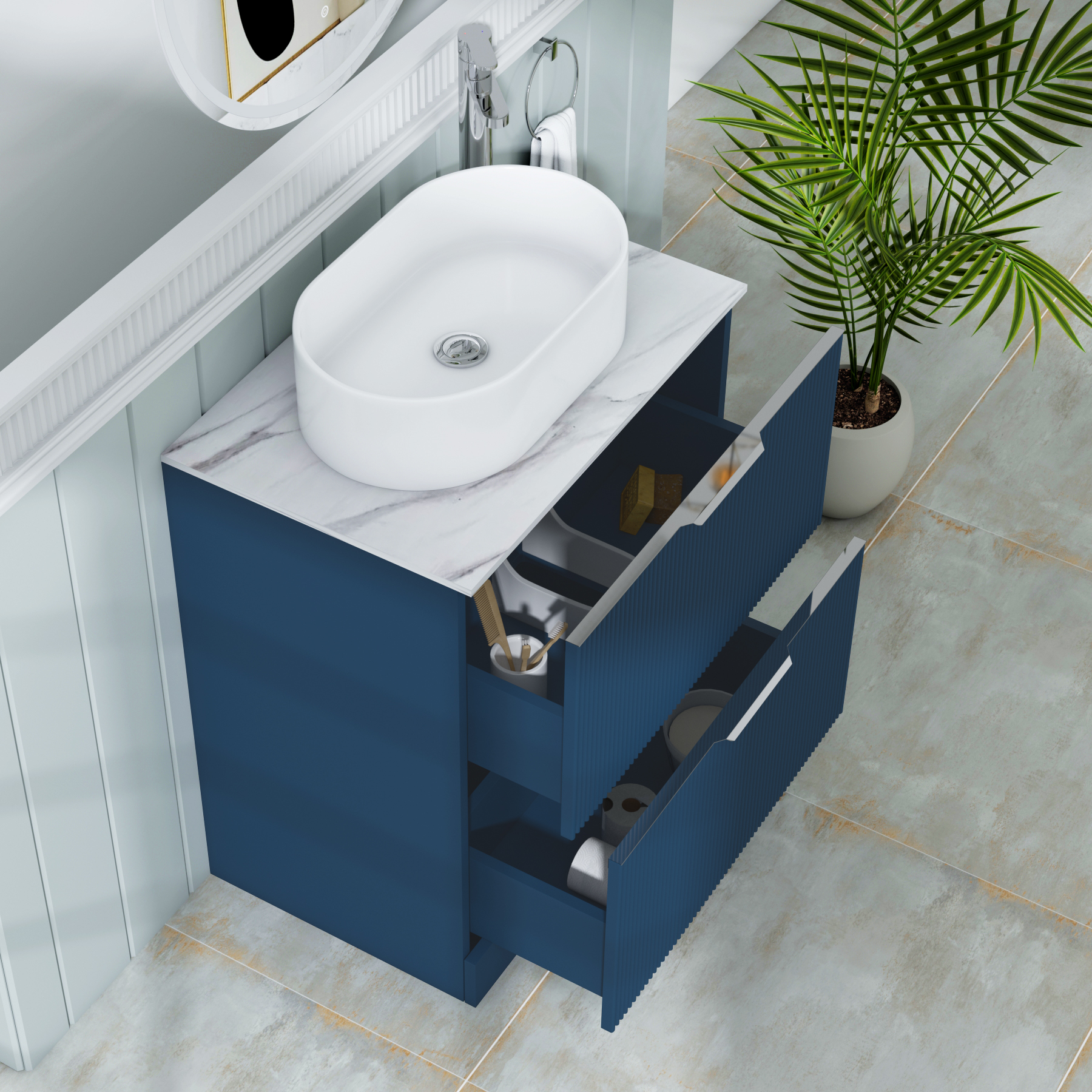 Evora 700mm Midnight Blue Fluted Floor Standing Countertop Vanity Unit 2 Drawer with Peak Basin