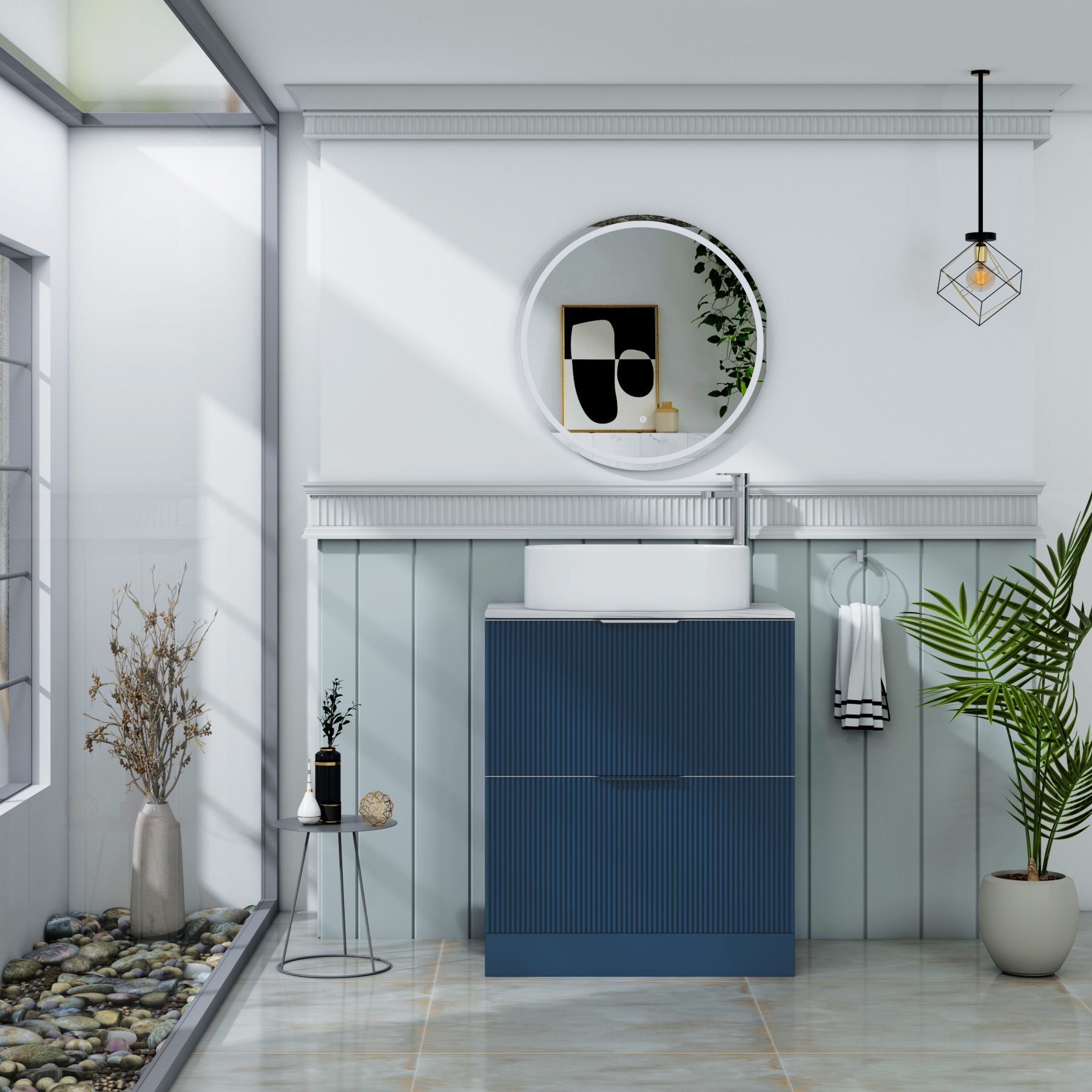 Evora 700mm Midnight Blue Fluted Floor Standing Countertop Vanity Unit 2 Drawer with Peak Basin