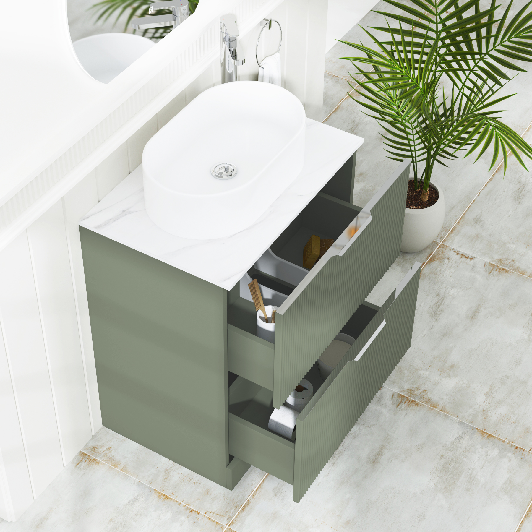 Evora 700mm Sage Green Fluted Floor Standing Countertop Vanity Unit 2 Drawer with Peak Basin