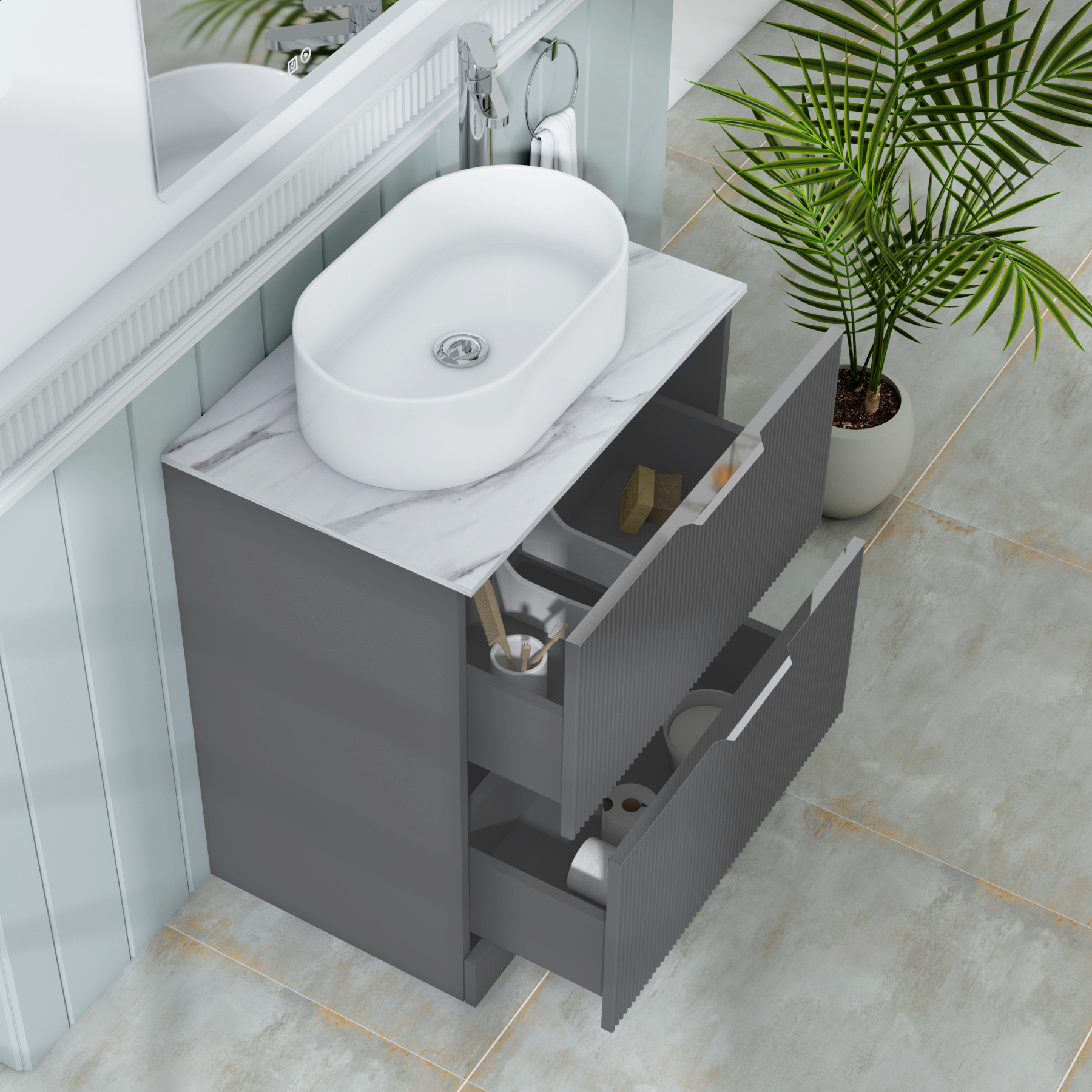 Evora 700mm Graphite Grey Fluted Floor Standing Countertop Vanity Unit 2 Drawer with Peak Basin