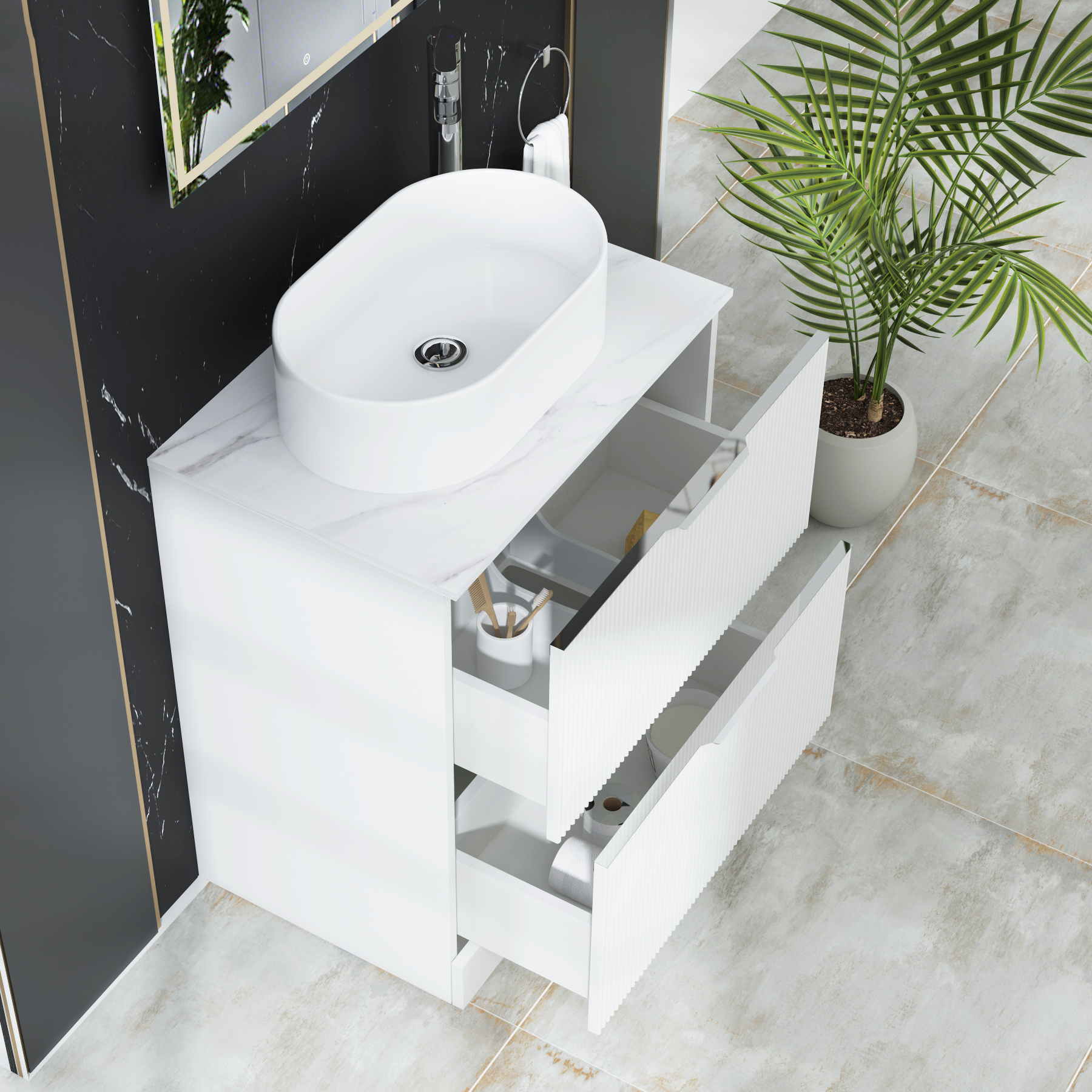 Evora 700mm Matt White Fluted Floor Standing Countertop Vanity Unit 2 Drawer with Peak Basin