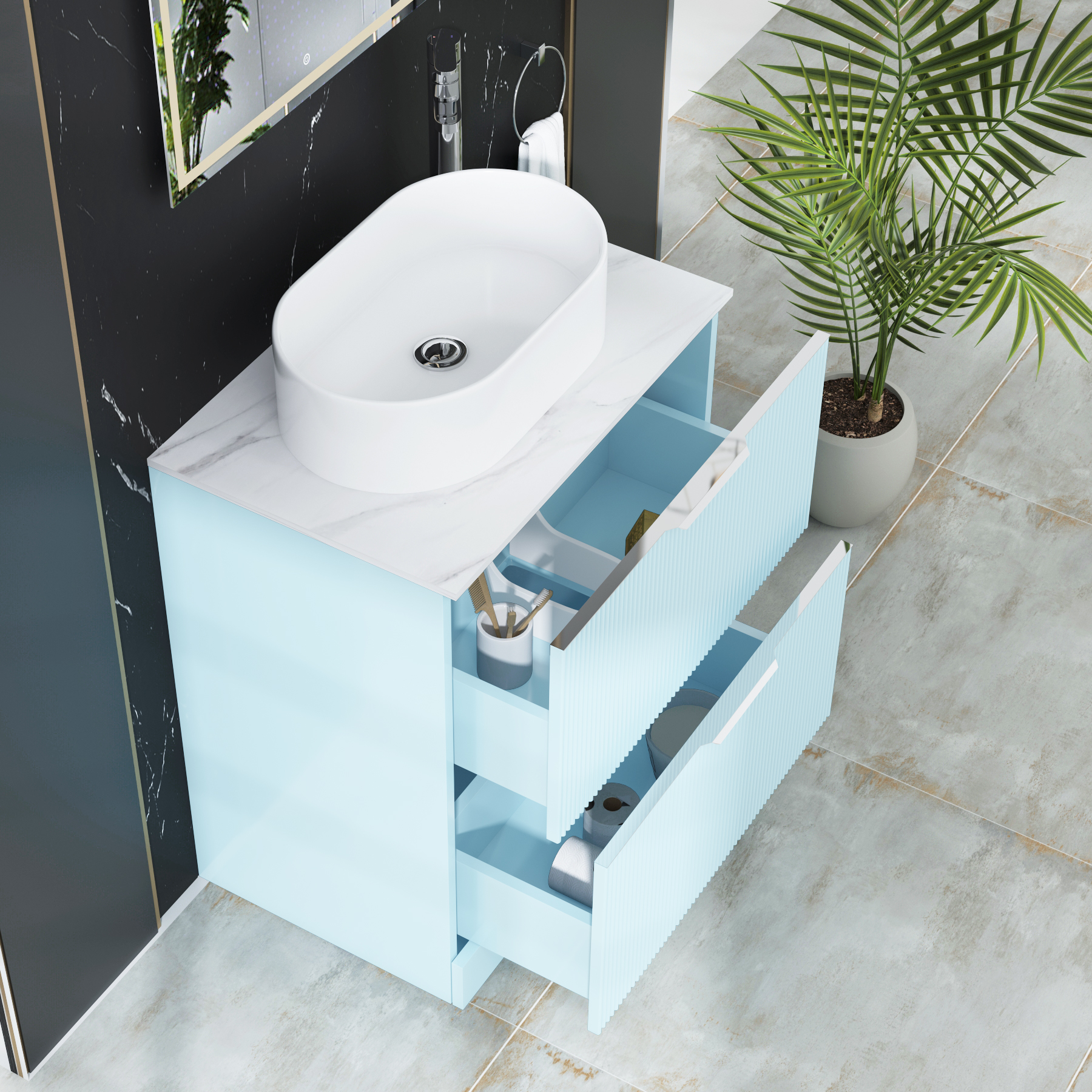 Evora 700mm Powder Blue Fluted Floor Standing Countertop Vanity Unit 2 Drawer with Peak Basin